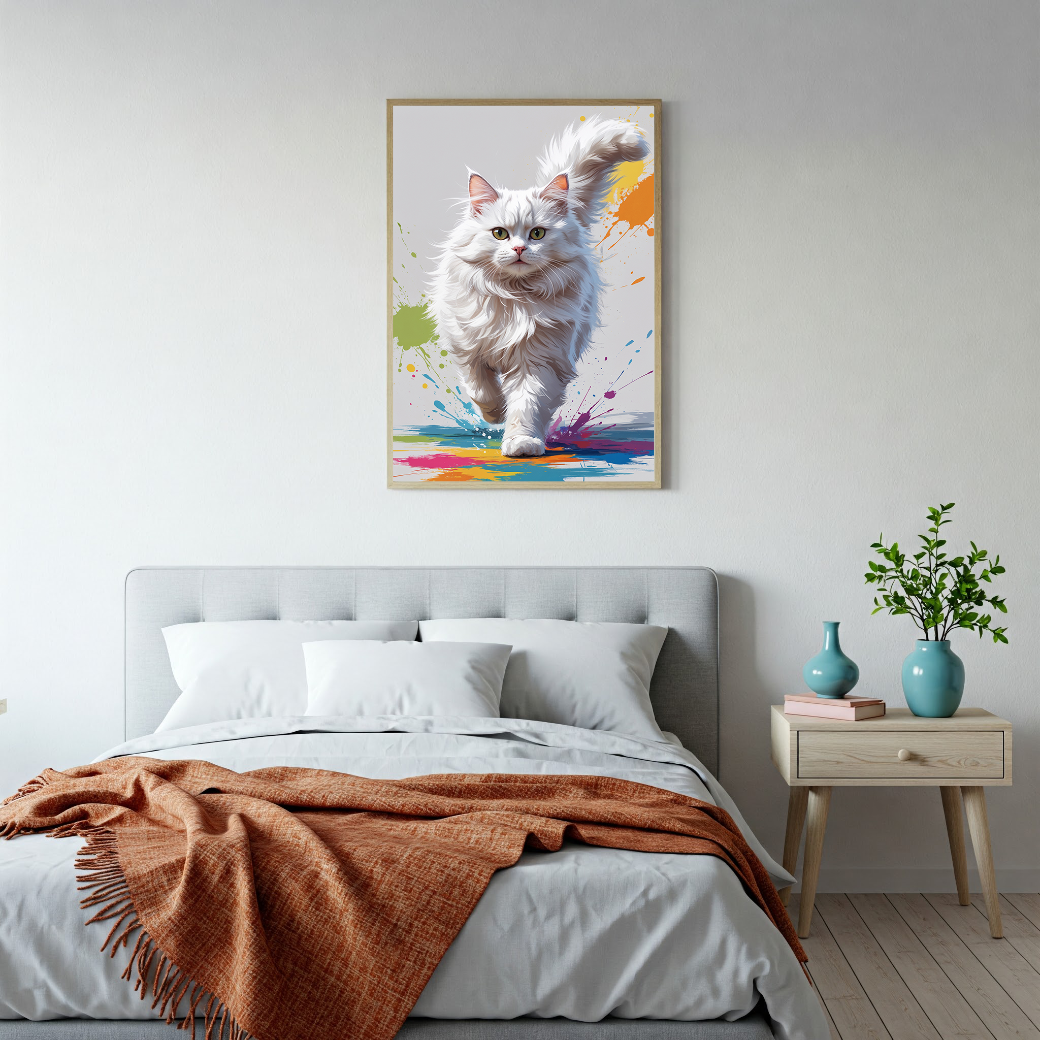 Fluffy White Cat Colorful Splash Art Print