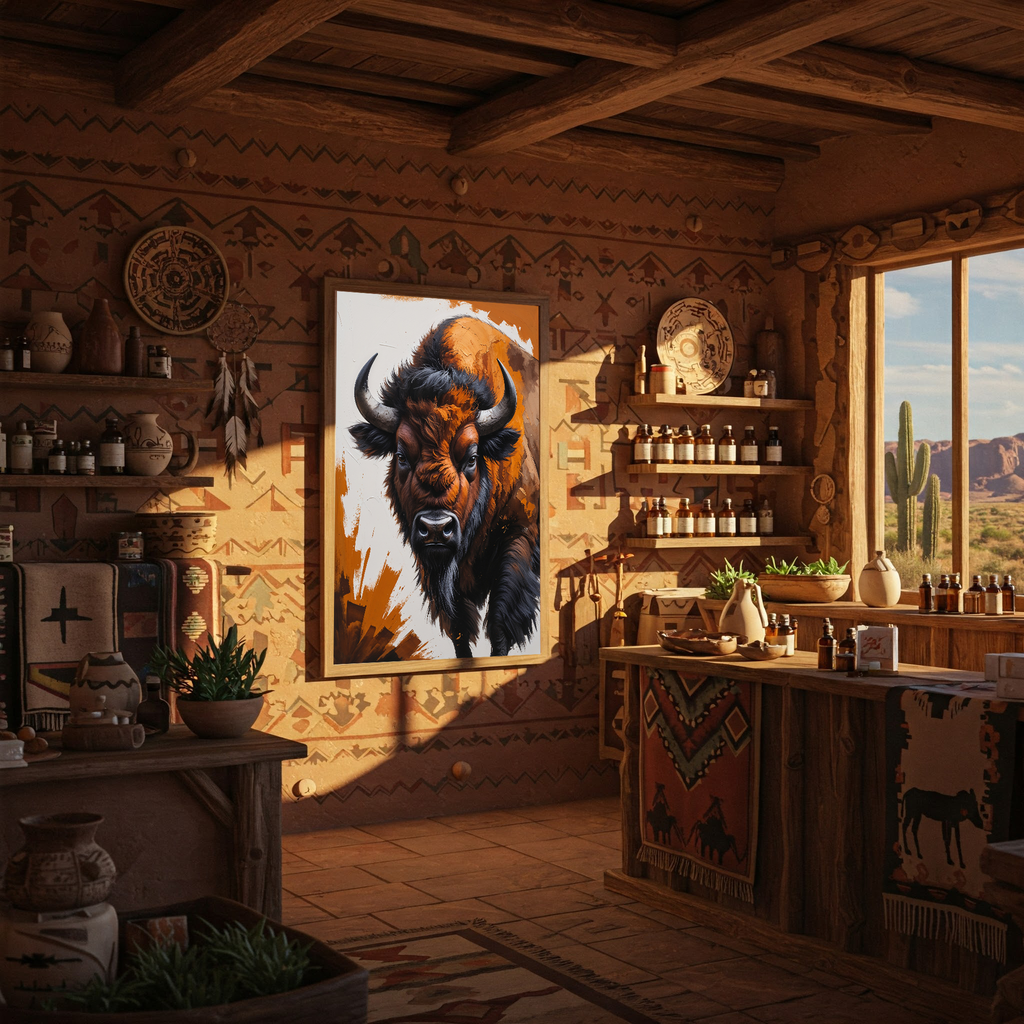 Abstract Buffalo digital art print by Reflectionare showcasing modern wildlife wall decor with vibrant colors and bold design.