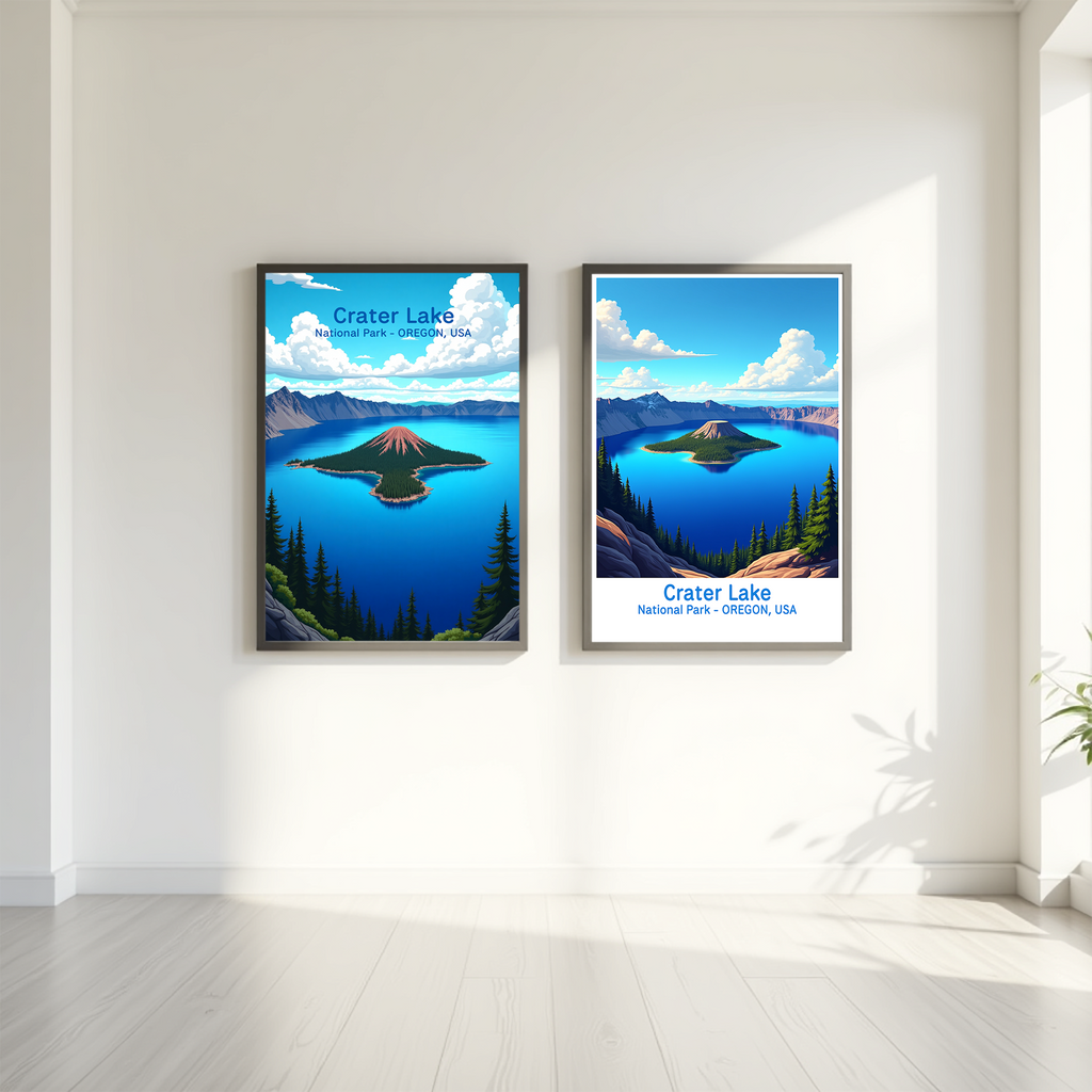 Digital art of Crater Lake National Park by Reflectionare showing a serene lake surrounded by rugged cliffs and lush forest scenery.
