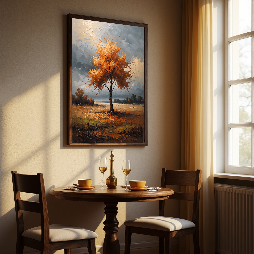 Vintage golden tree scene digital print featuring impressionist autumn landscape by Reflectionare with vibrant fall colors.