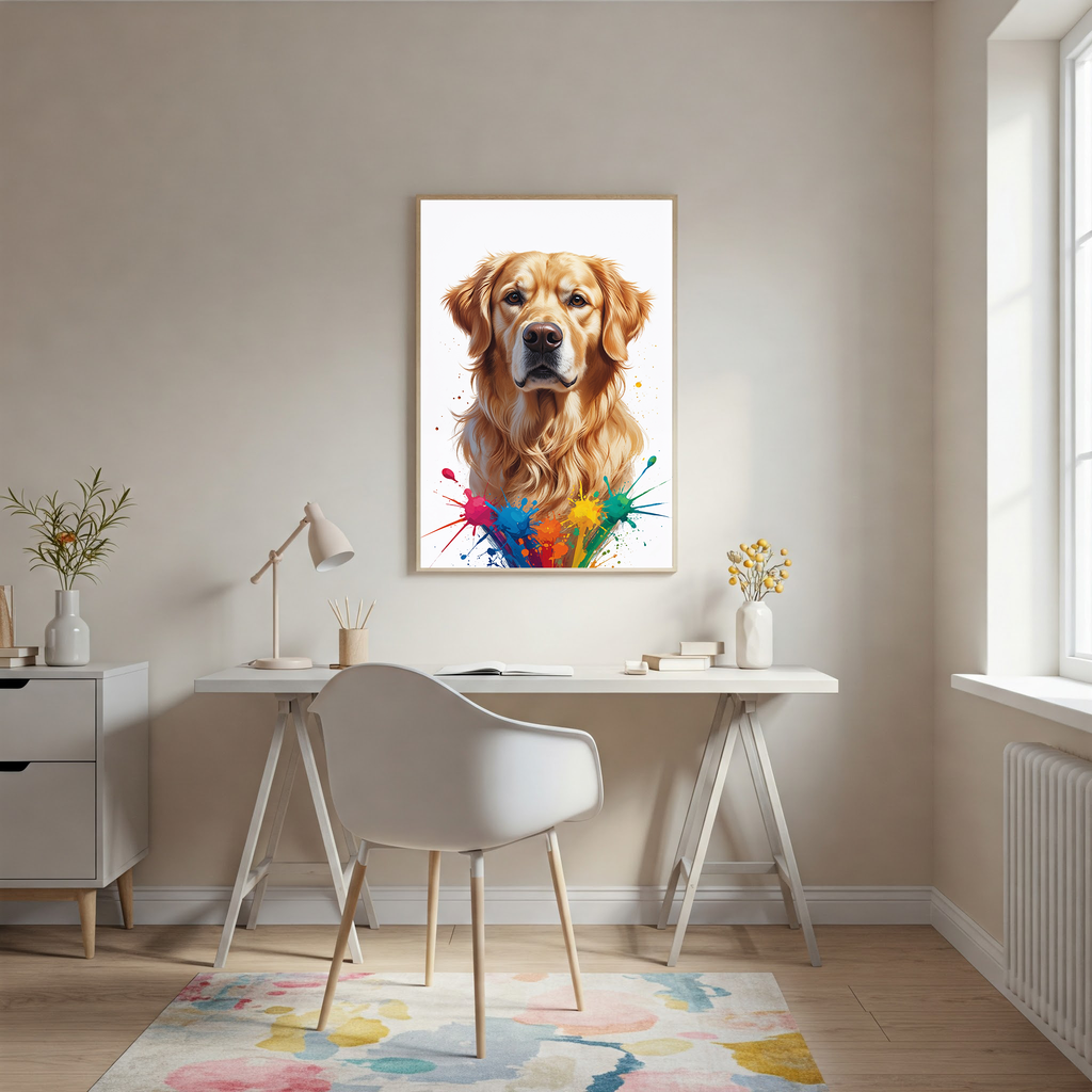 Colorful digital art of a golden retriever by Reflectionare featuring vibrant, abstract hues and playful artistic details.