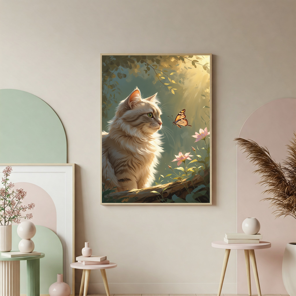 Digital art of a cat and butterfly by Reflectionare, featuring vibrant colors and detailed illustration on a clean background.