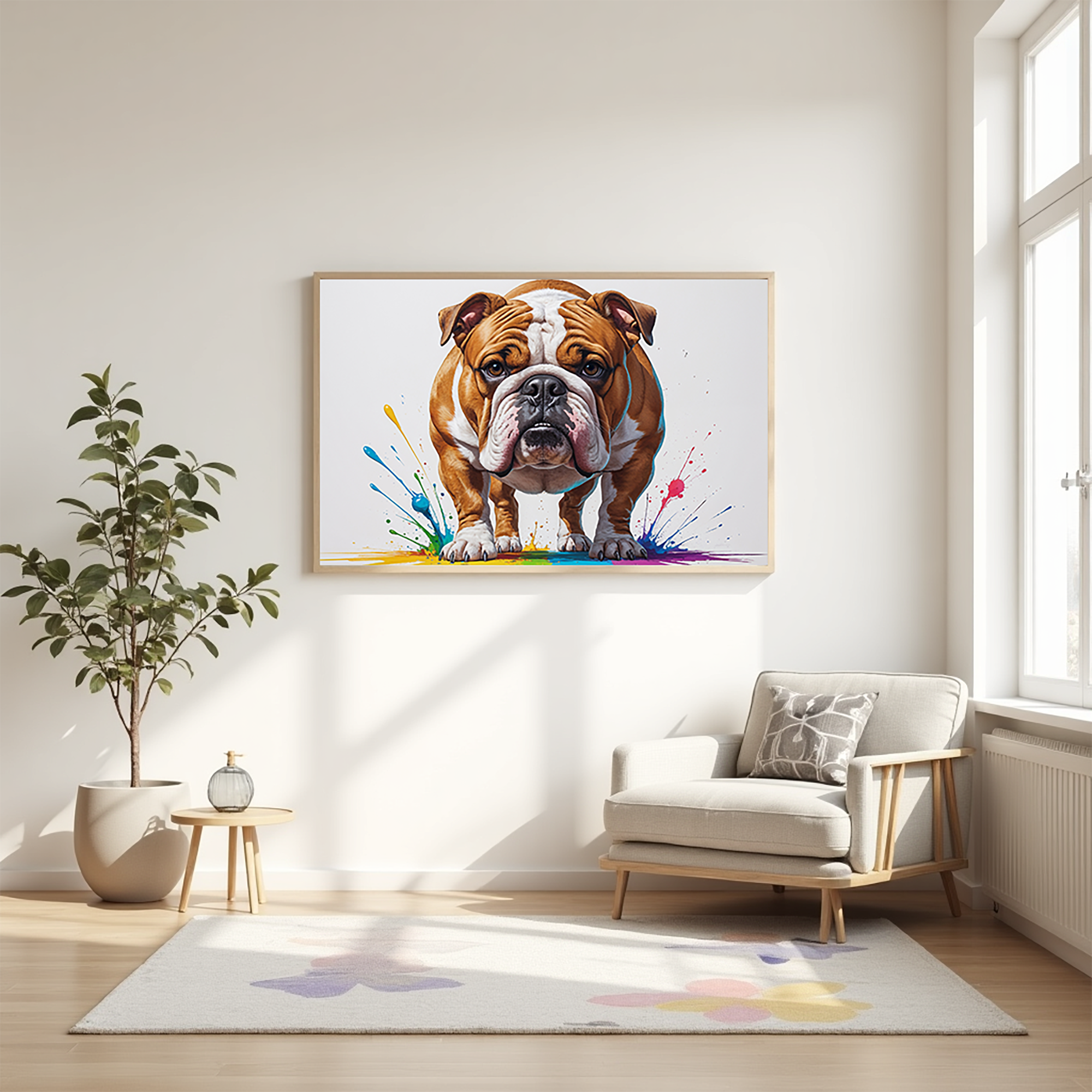 Colorful digital art of a bulldog by Reflectionare, showcasing vibrant, abstract tones and bold artistic details.