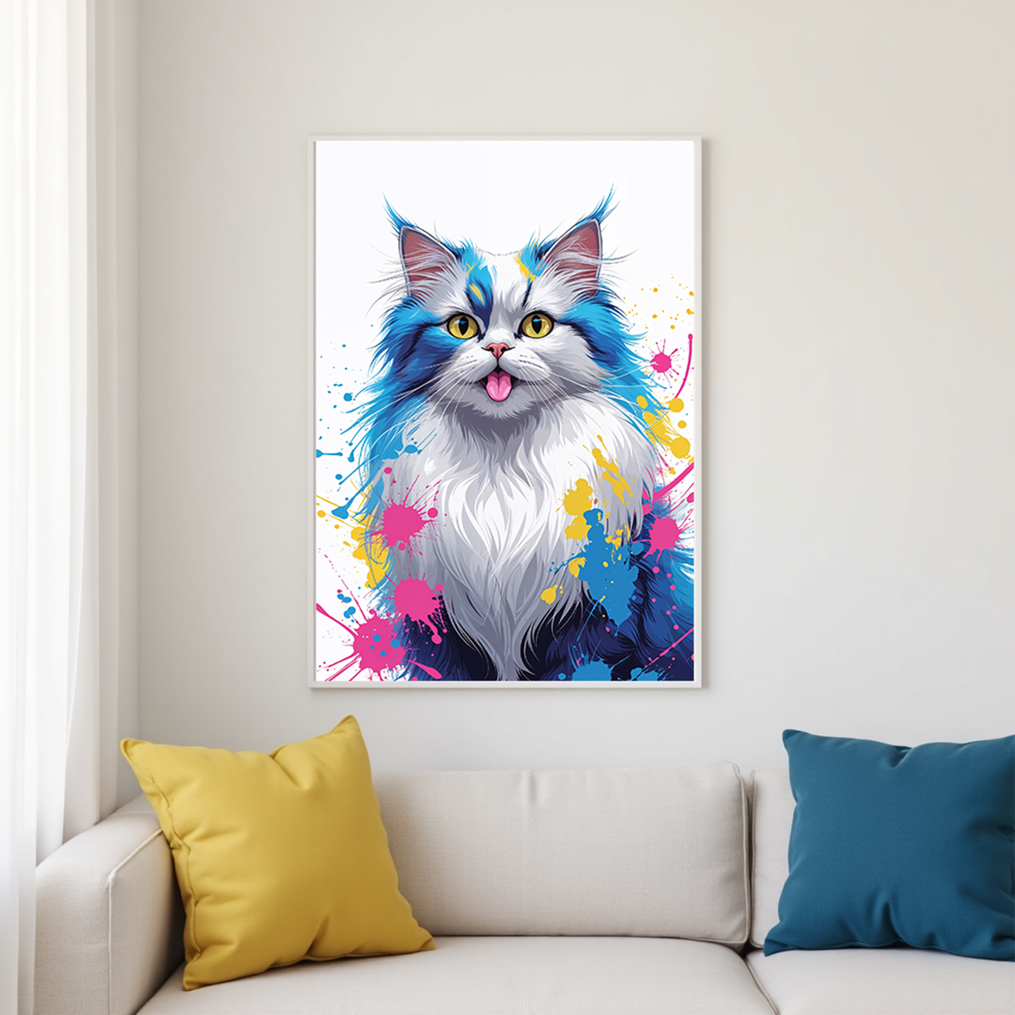 Reflectionare digital art of a colorful cat featuring vibrant, abstract design with bold hues and artistic details.