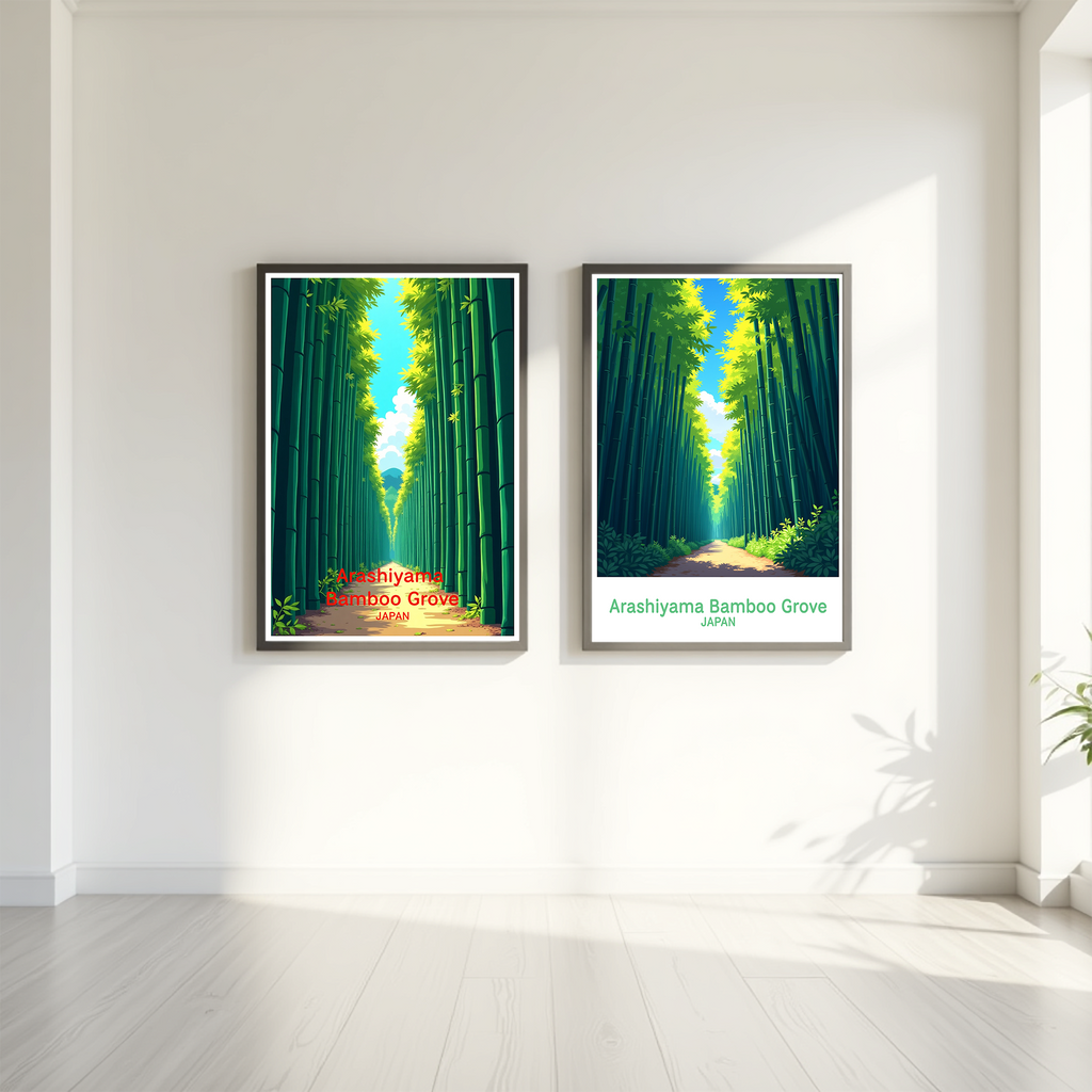 Digital art of Arashiyama Bamboo Grove by Reflectionare, showcasing lush green bamboo stalks and serene forest scenery.