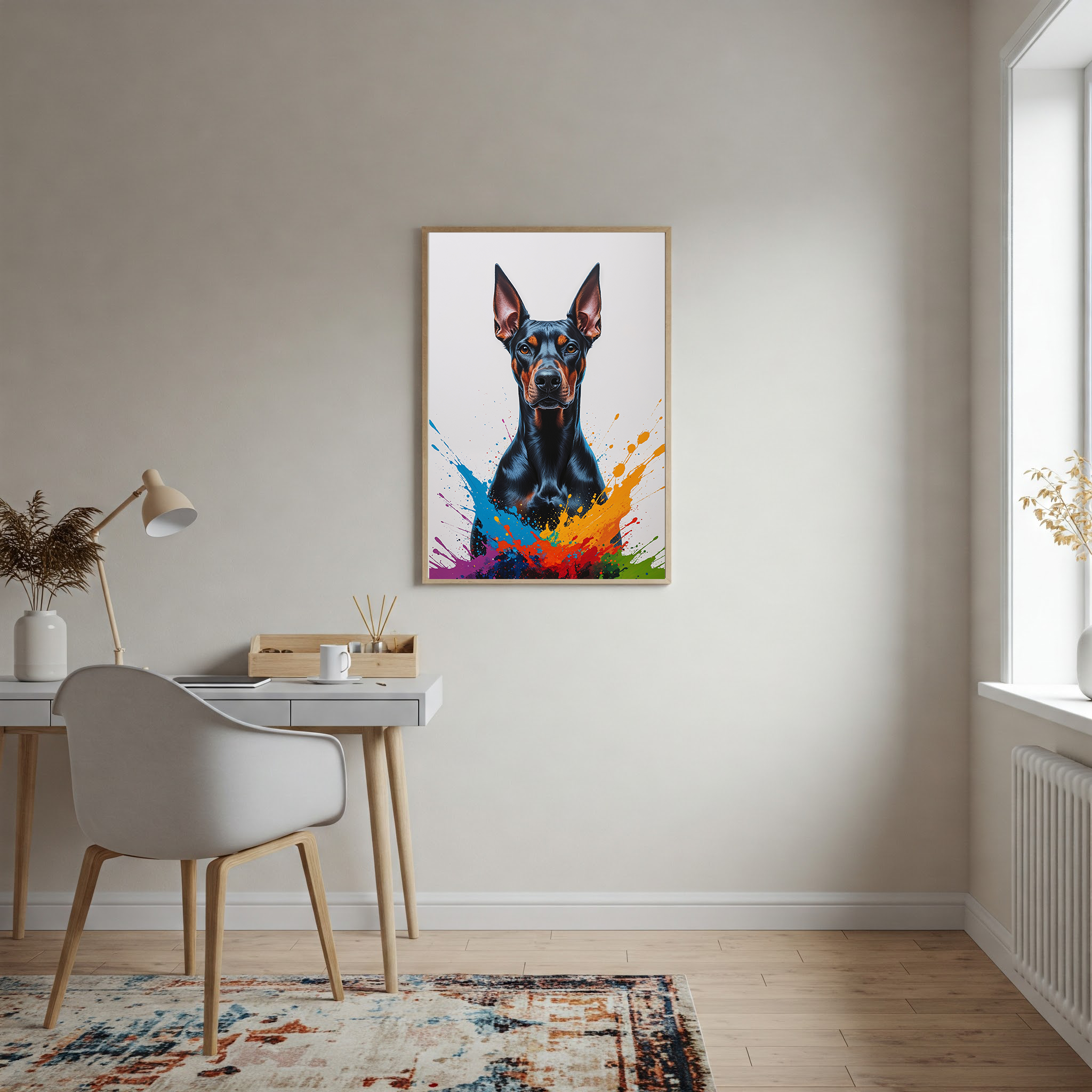 Colorful Doberman digital art by Reflectionare featuring a vibrant, stylized illustration of a Doberman dog in bright colors.