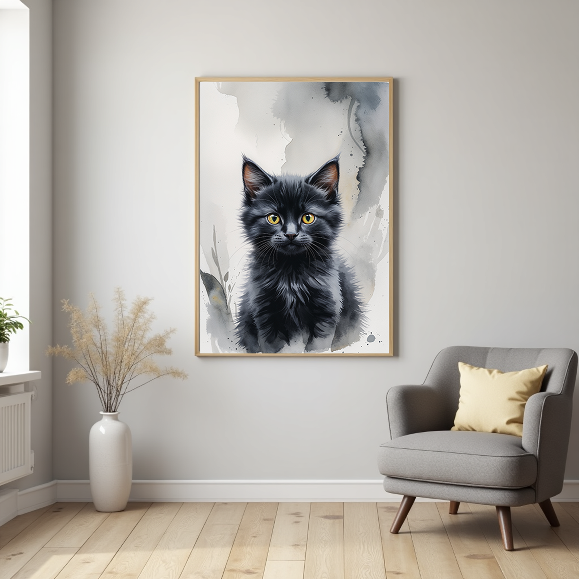 Digital art of a charcoal-style cat illustration by Reflectionare, showcasing detailed feline features in monochrome tones.