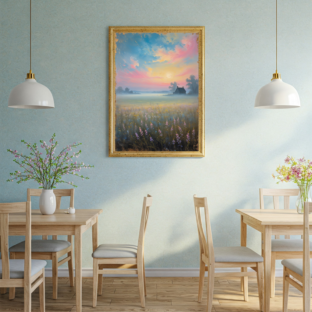 Vintage countryside sunrise digital art print by Reflectionare showing a retro landscape scene with warm colors and natural scenery.