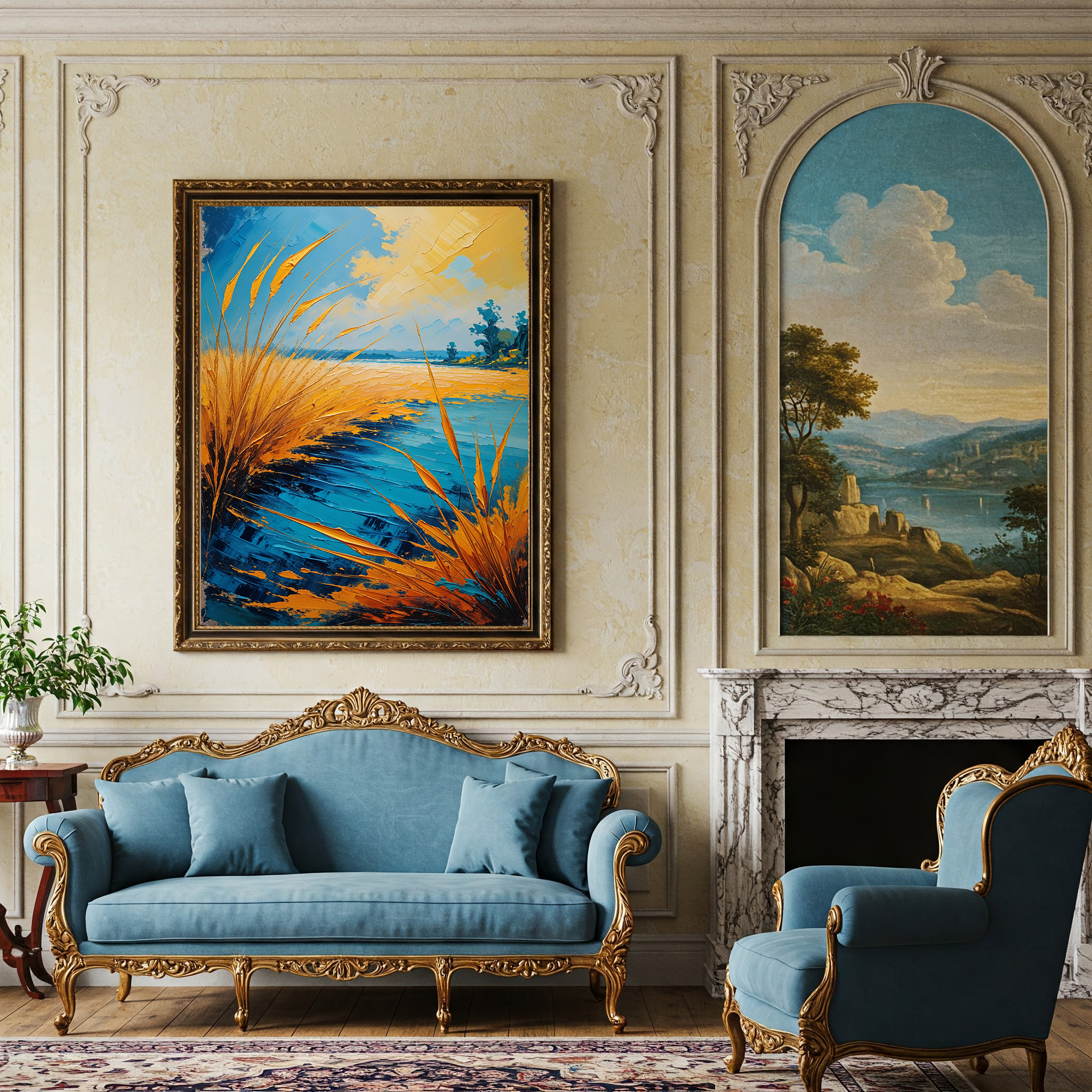 Vintage Lakeside Reeds Wall Art Print | Impressionist Lake Landscape