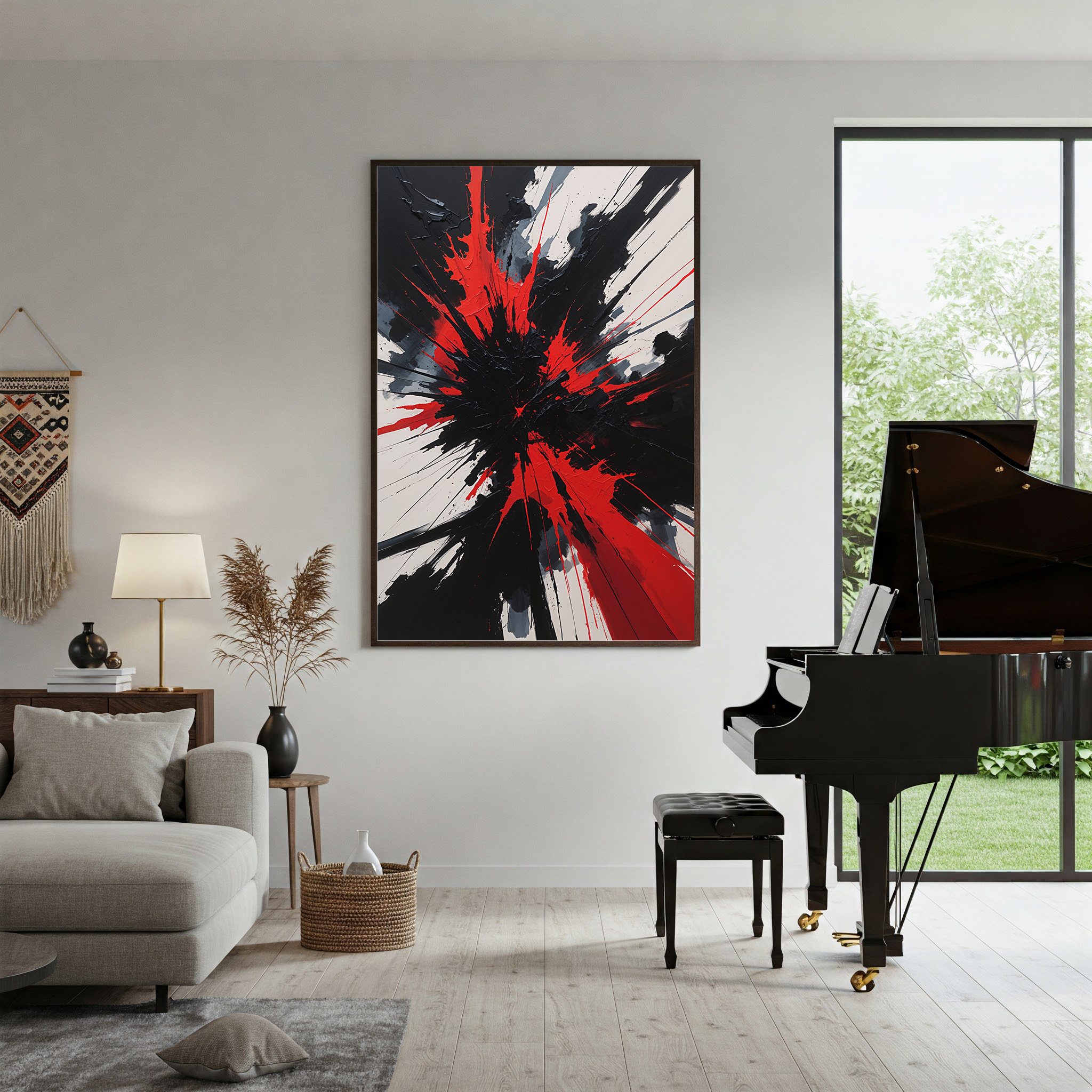 Abstract eruption impasto art print by Reflectionare featuring dramatic black and red textured wall decor in a digital art style.
