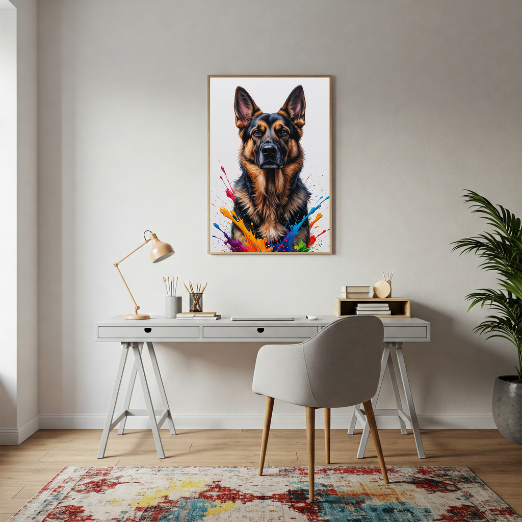 Colorful digital art of a German Shepherd dog by Reflectionare, showcasing vibrant, abstract colors and detailed canine features.