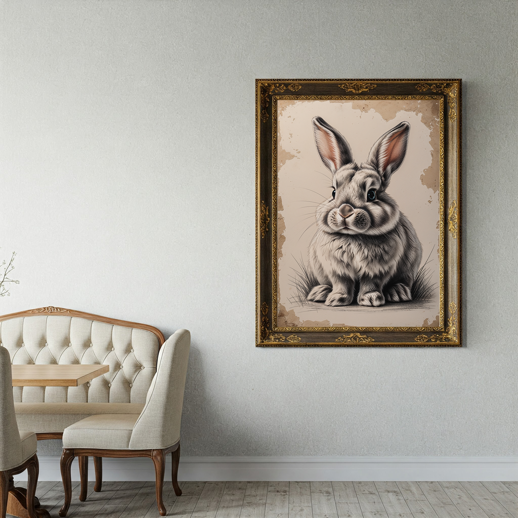 Vintage bunny portrait art print by Reflectionare, featuring a retro animal wall decor digital artwork of a bunny face.