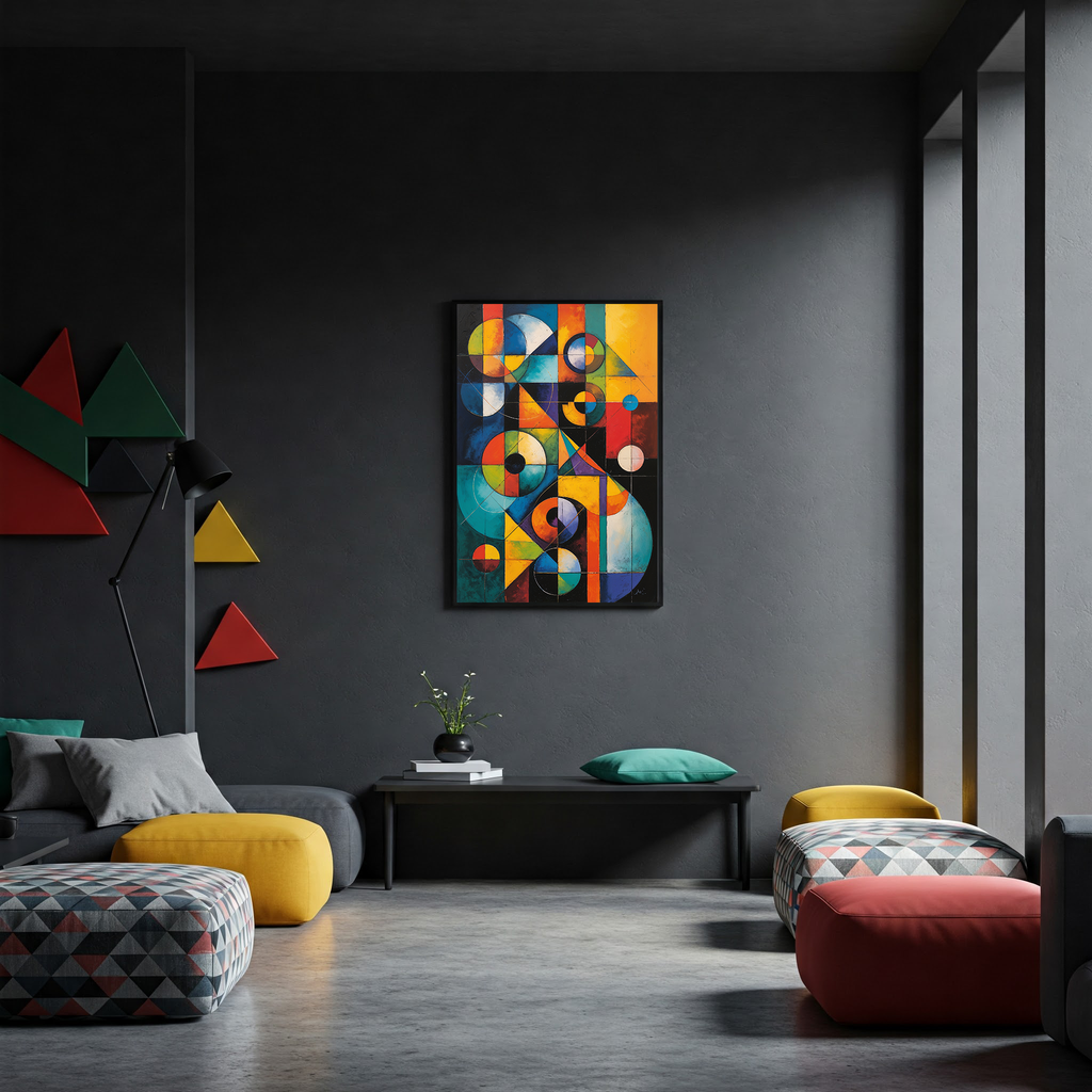 Reflectionare Abstract Elements II Geometric Oil Painting Print, modern Bauhaus digital art with vibrant shapes and bold colors on canvas.