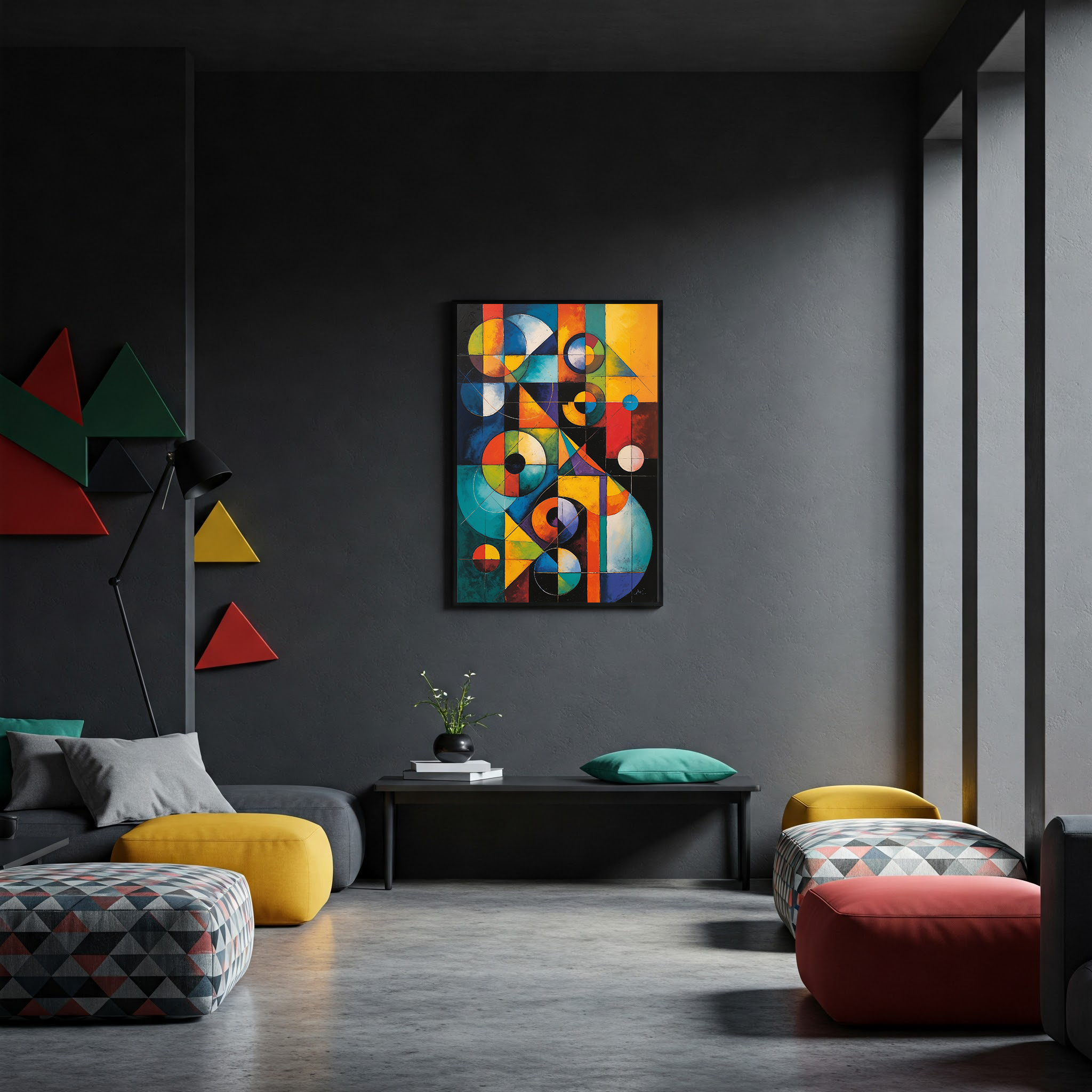 Reflectionare Abstract Elements II Geometric Oil Painting Print, modern Bauhaus digital art with vibrant shapes and bold colors on canvas.