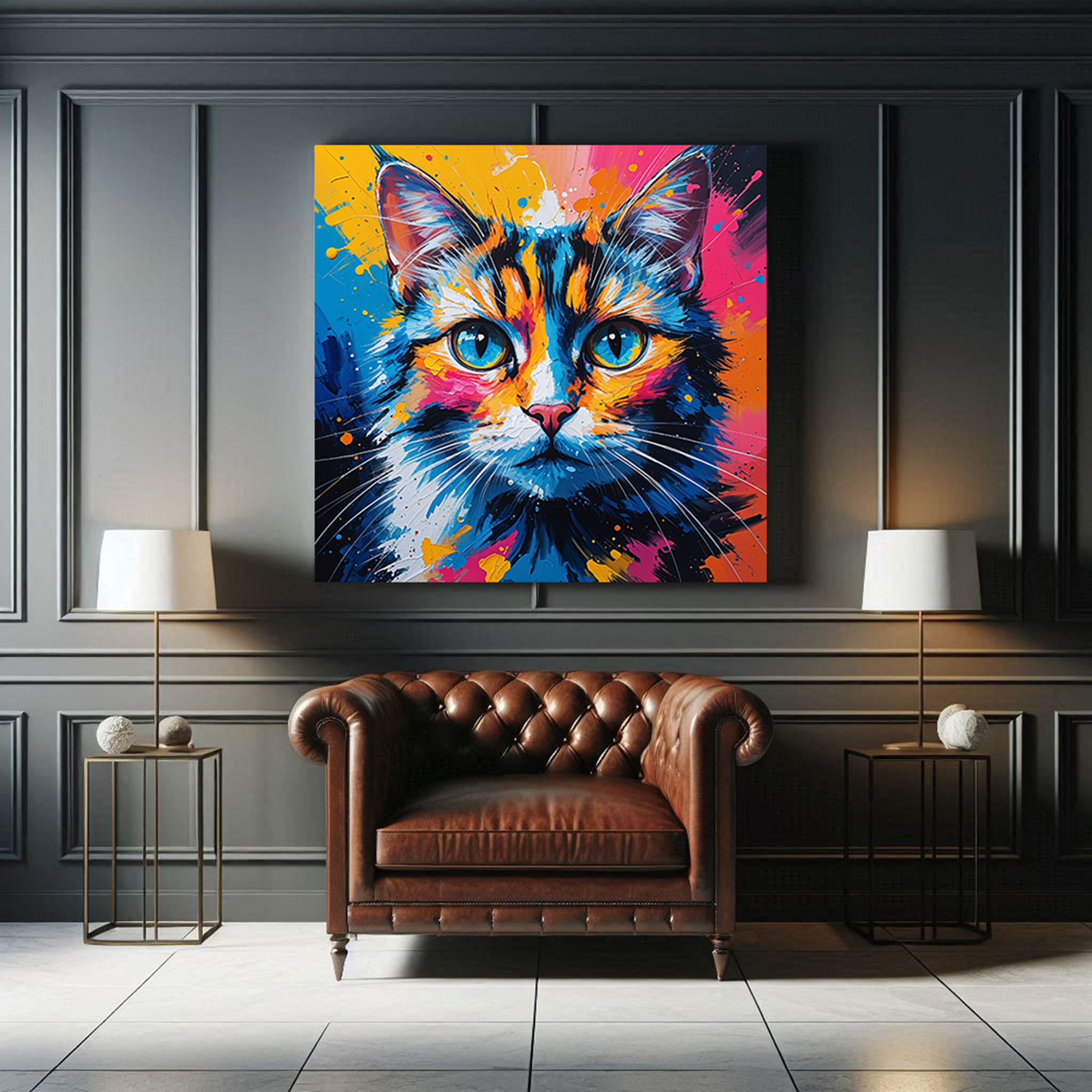 Abstract cat portrait digital art by Reflectionare featuring vibrant colors and modern design, ideal for art and home decor.