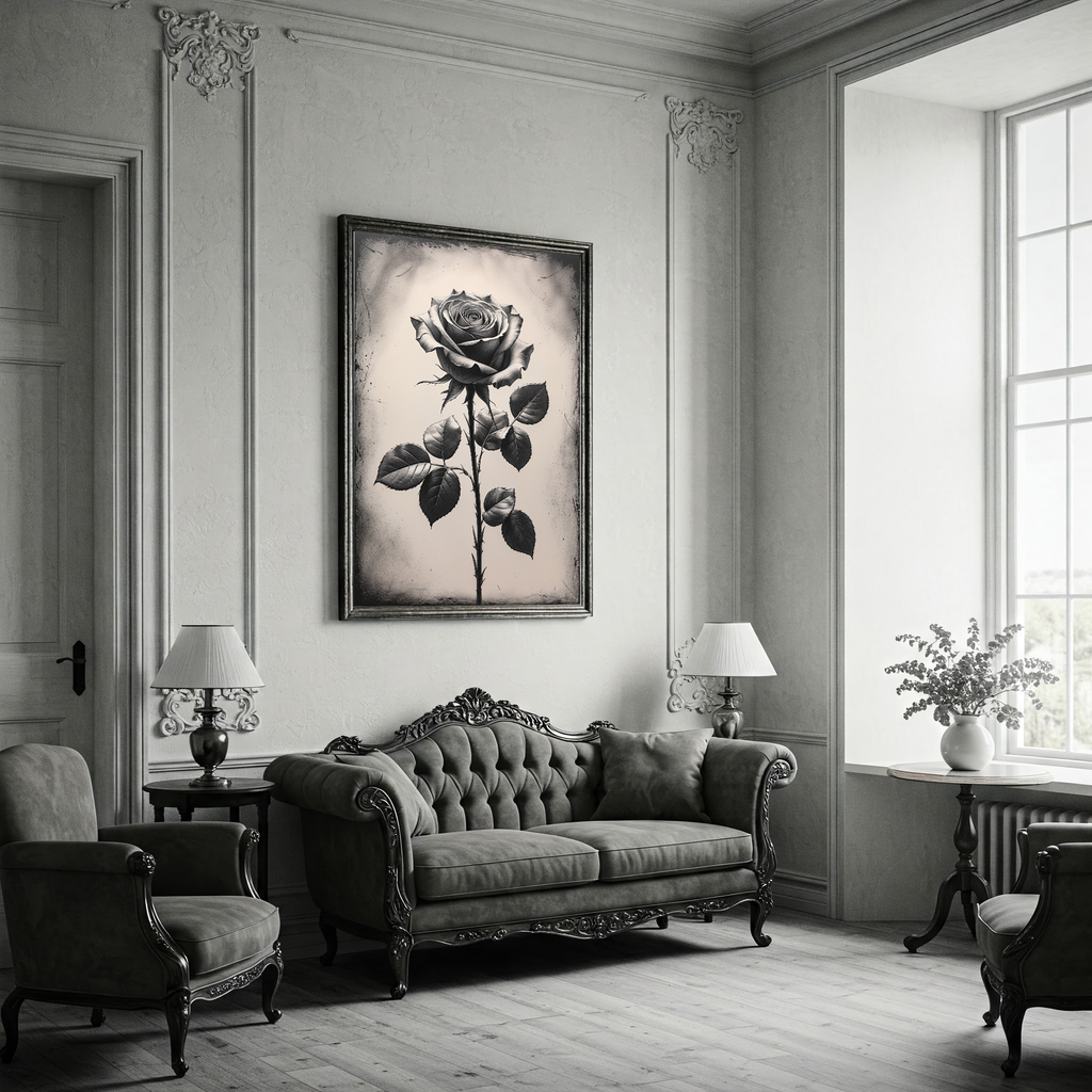 Vintage Monochrome Rose Wall Art Print | Black and White Floral Decor