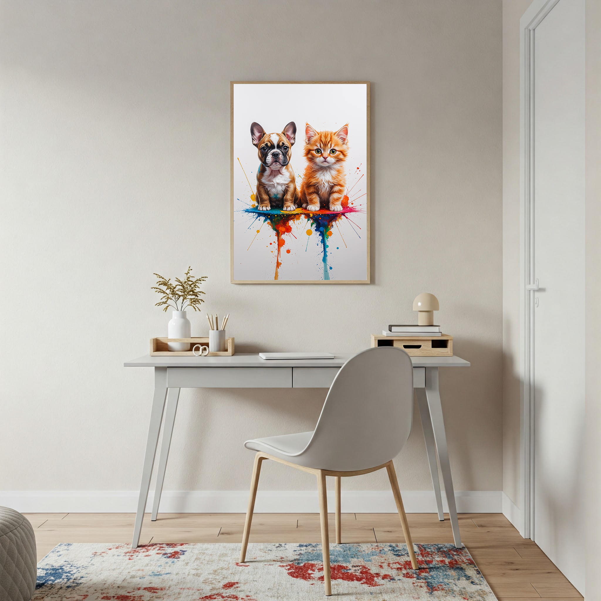 French Bulldog and Kitten Colorful Splash Art Print