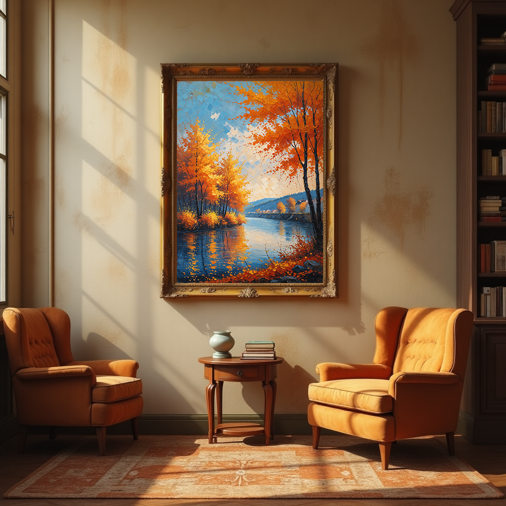 Vintage autumn river landscape wall art print by Reflectionare, featuring retro digital art of a serene river scene with fall foliage.