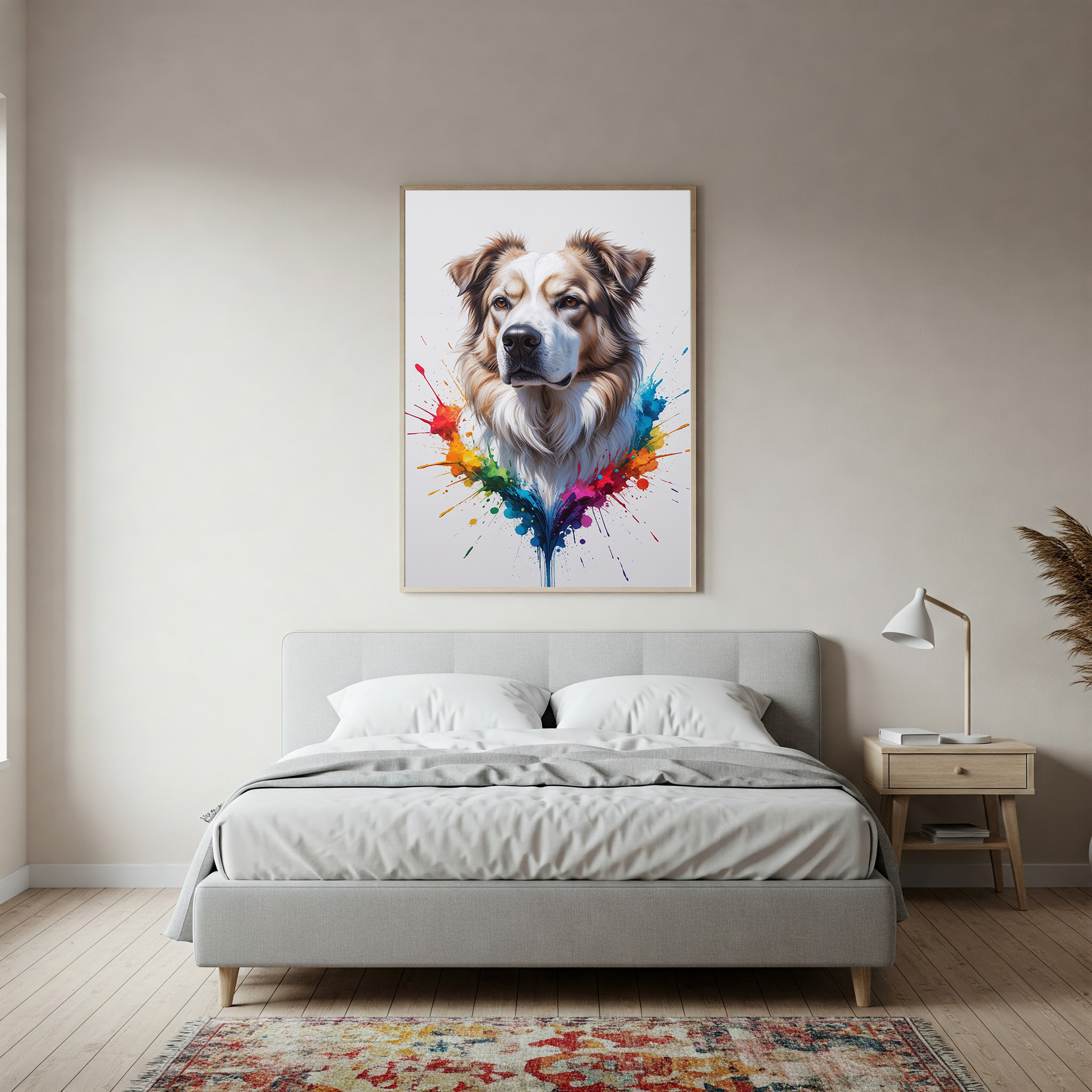 Colorful Australian Shepherd digital art by Reflectionare showcasing a vibrant, multi-colored dog illustration on a white background.