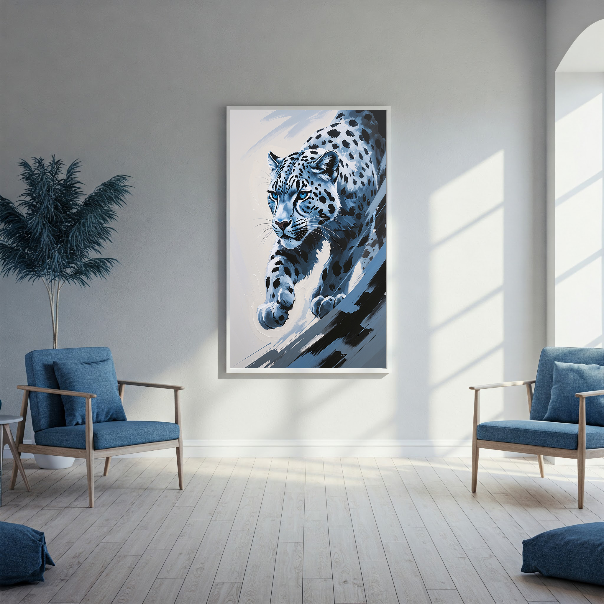 Abstract snow leopard digital art print by Reflectionare featuring modern wildlife decor, showcasing a sleek, stylized snow leopard design.
