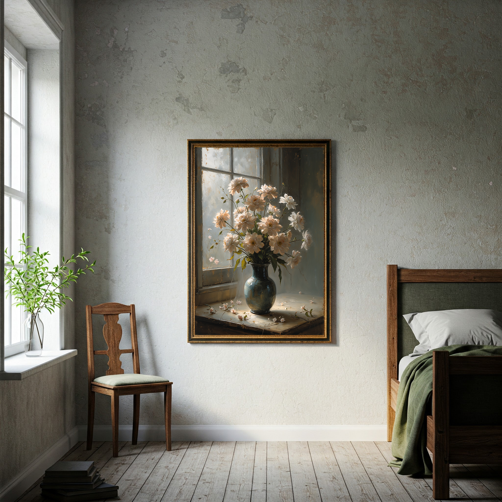 Vintage floral still life digital art by Reflectionare showing an elegant flower bouquet in a vase, wall art print.