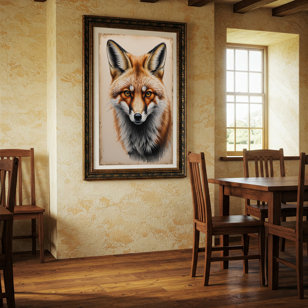 Detailed digital print of a vintage fox portrait wildlife art by Reflectionare, showcasing intricate fur and expressive features.