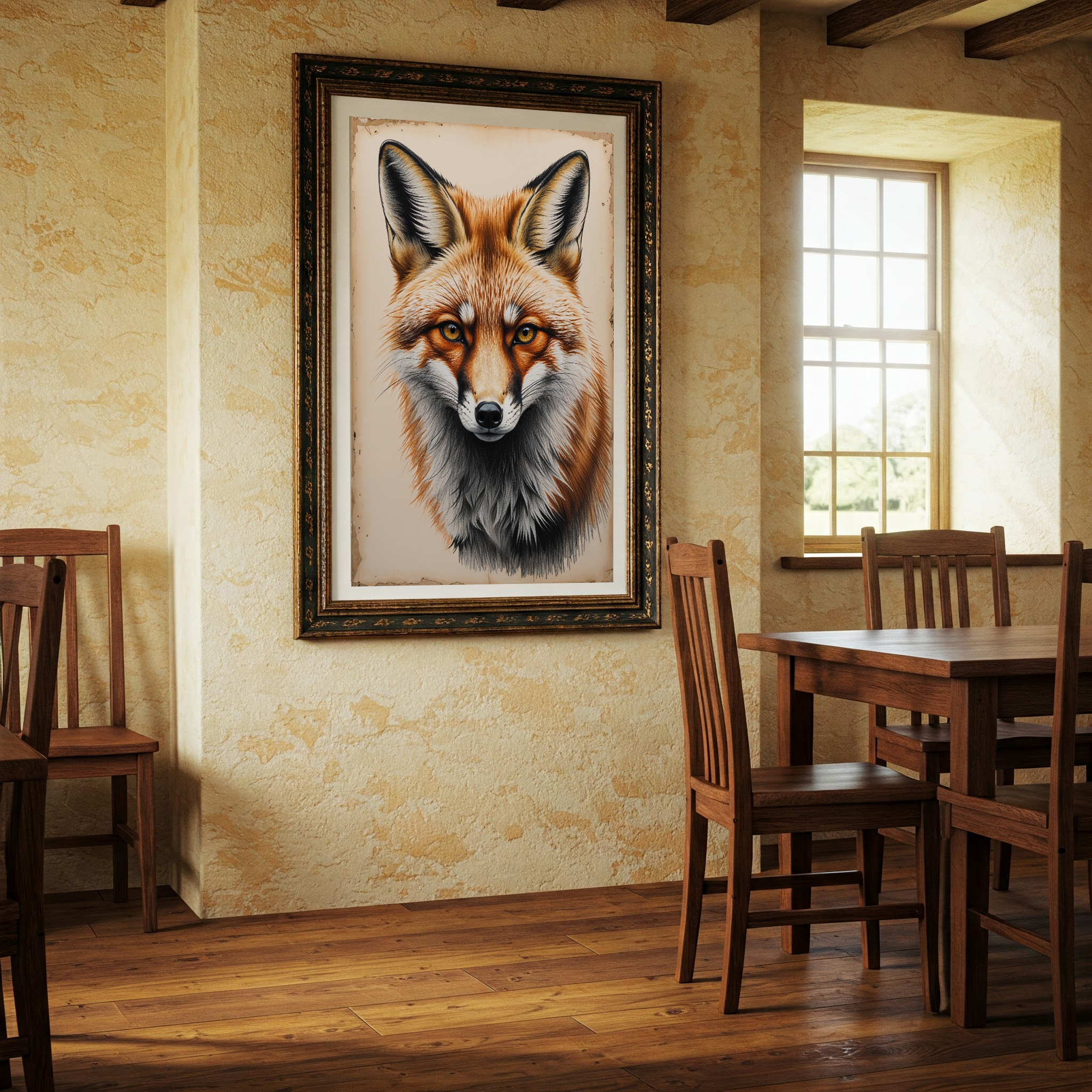 Detailed digital print of a vintage fox portrait wildlife art by Reflectionare, showcasing intricate fur and expressive features.