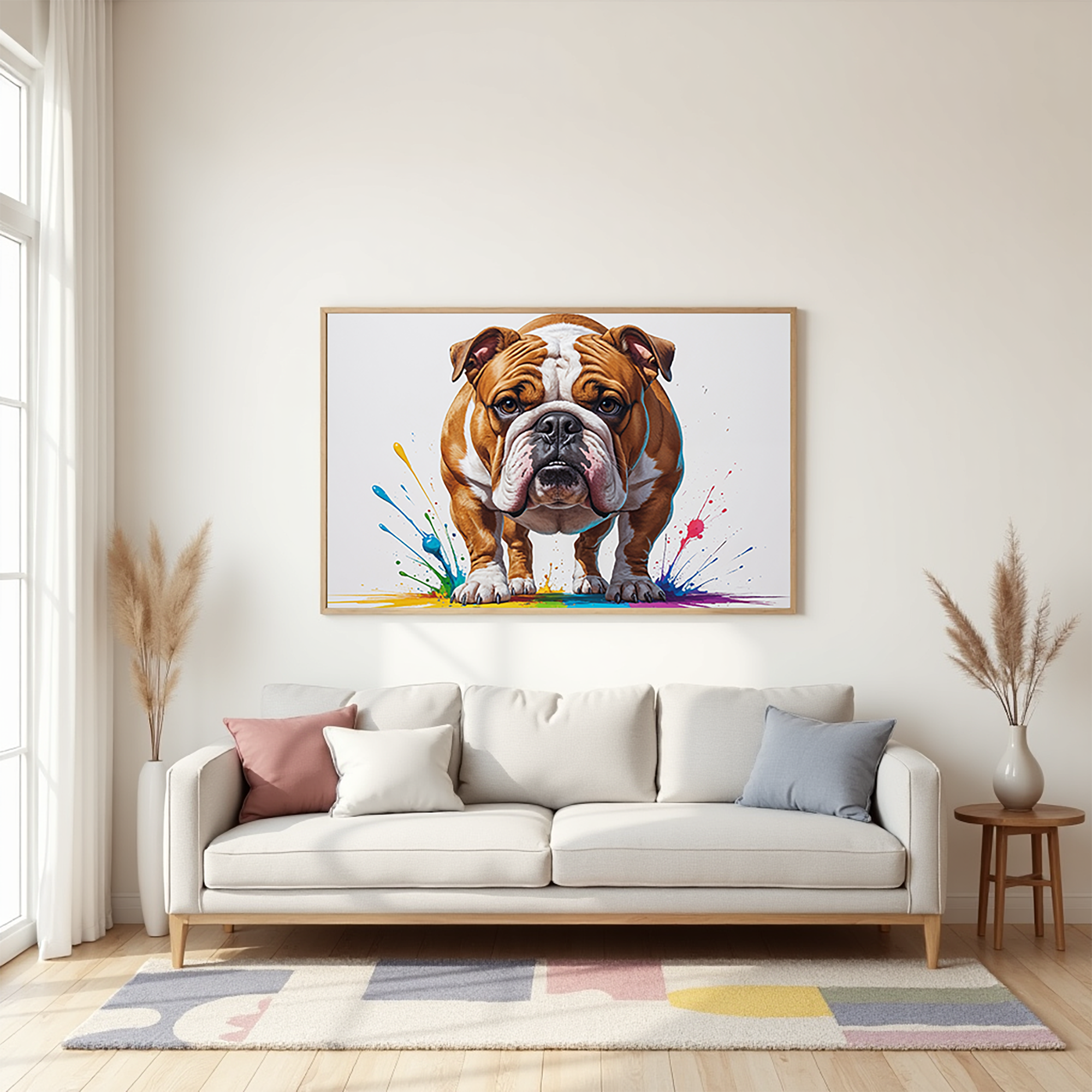 Colorful digital art of a bulldog by Reflectionare, featuring vibrant, abstract colors and bold artistic style.