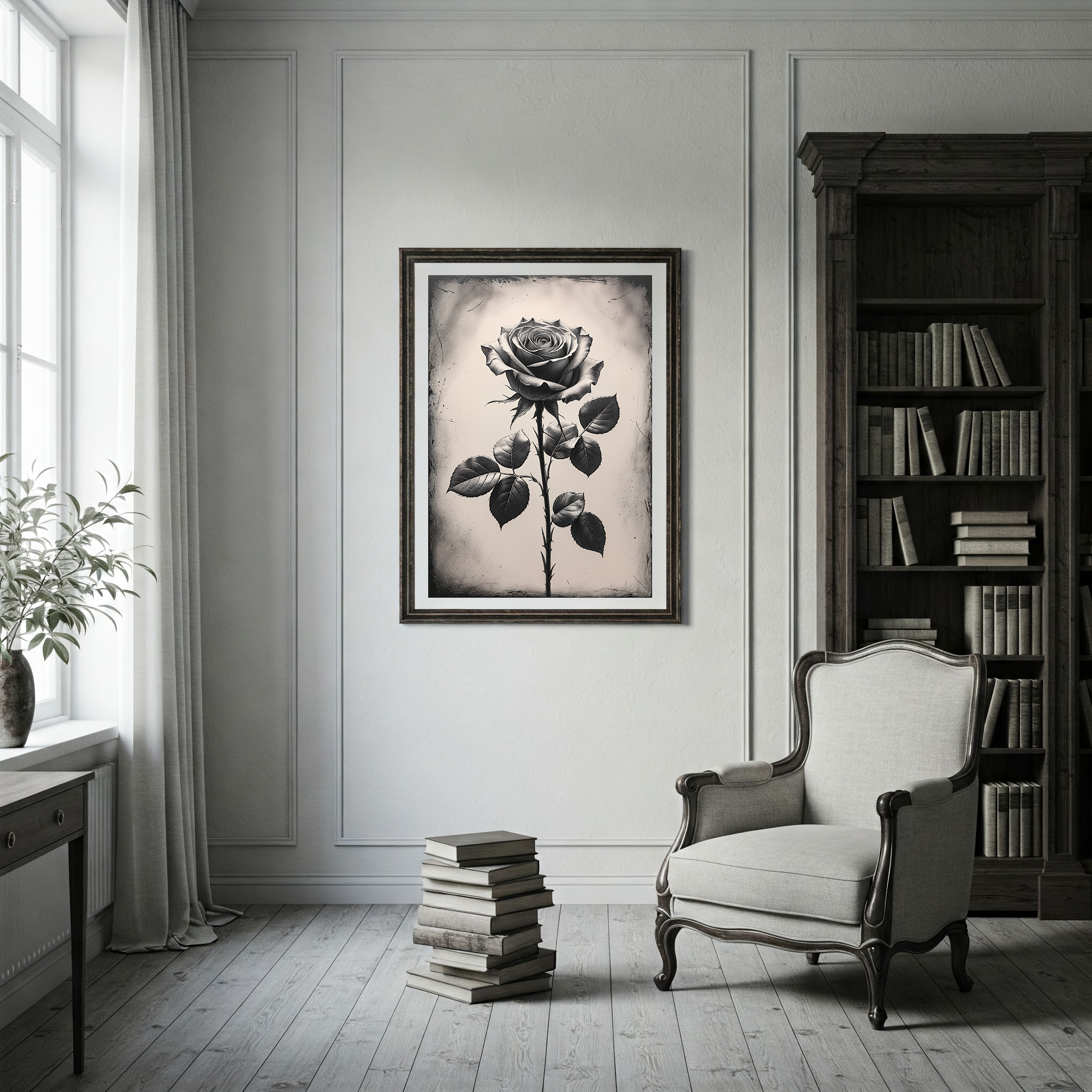 Vintage Monochrome Rose Wall Art Print | Black and White Floral Decor