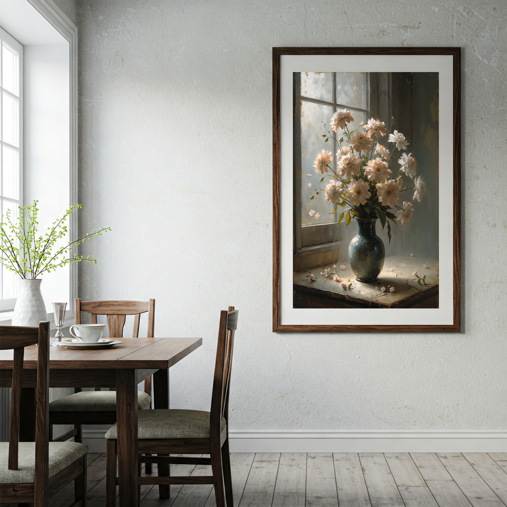 Vintage floral still life digital art by Reflectionare featuring an elegant flower bouquet in a vase, suitable as wall decor.