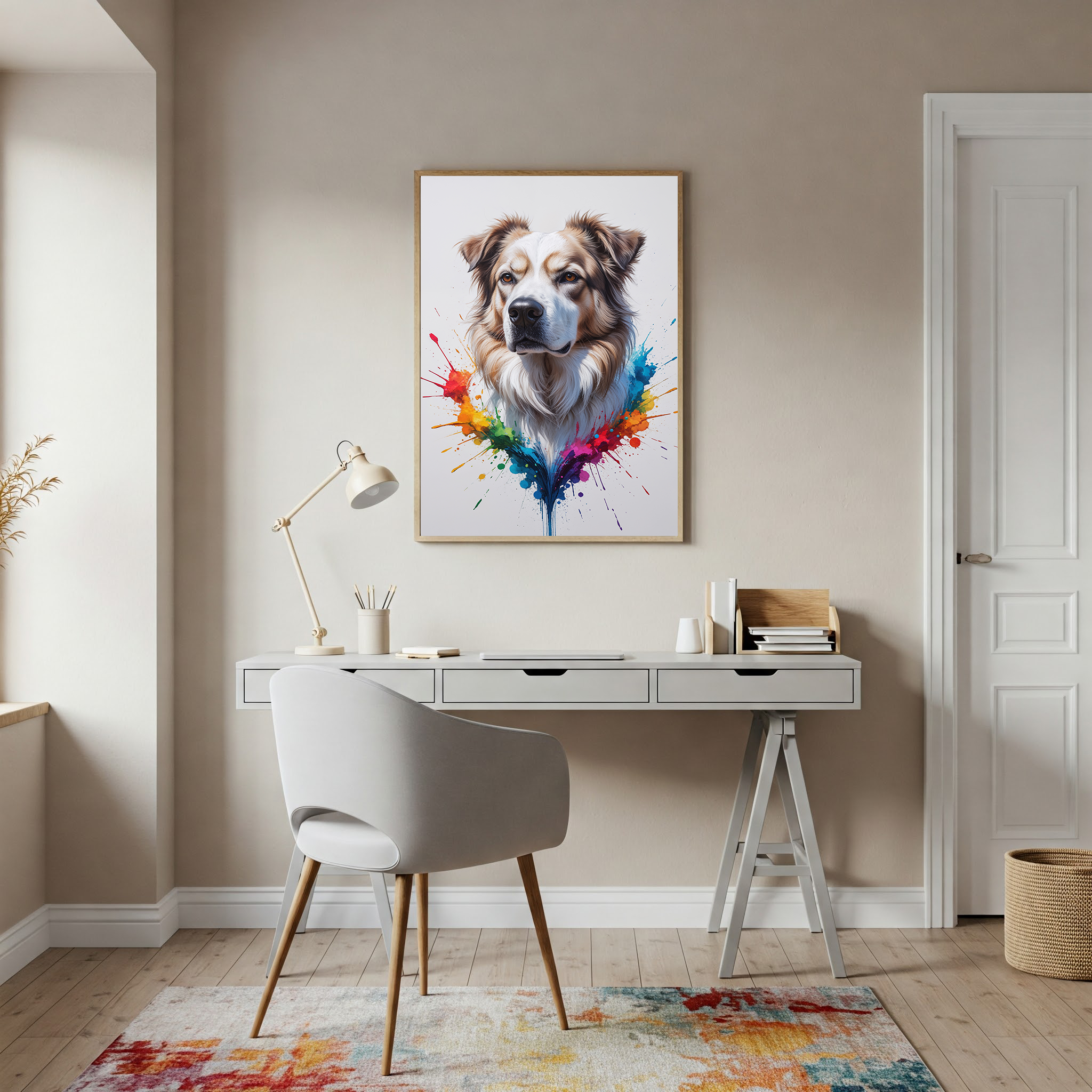 Colorful Australian Shepherd digital art by Reflectionare, vibrant abstract illustration of a herding dog with bright colors.