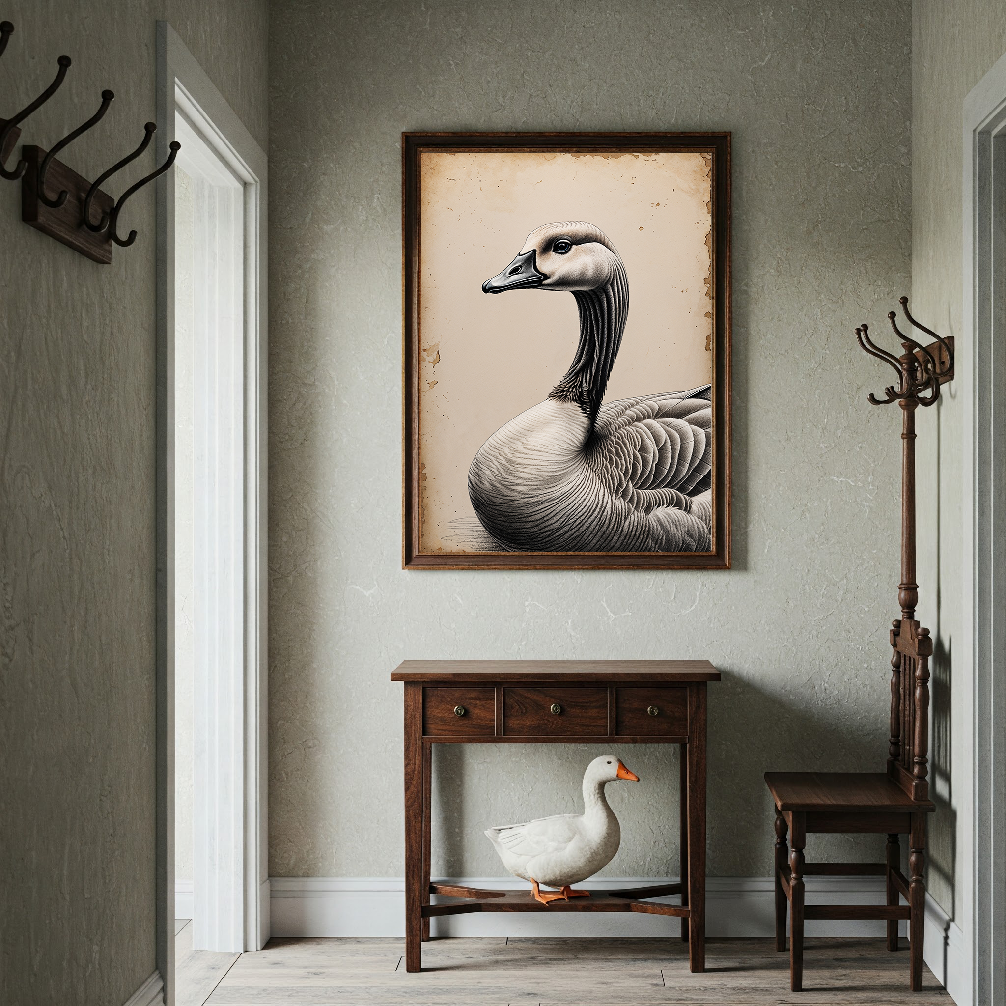 Vintage goose portrait digital print by Reflectionare featuring detailed farm bird illustration on a digital art canvas.