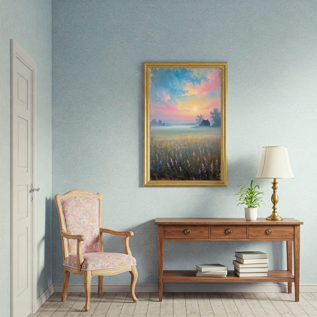 Vintage Countryside Sunrise art print by Reflectionare, digital landscape wall decor featuring a serene rural sunrise scene.