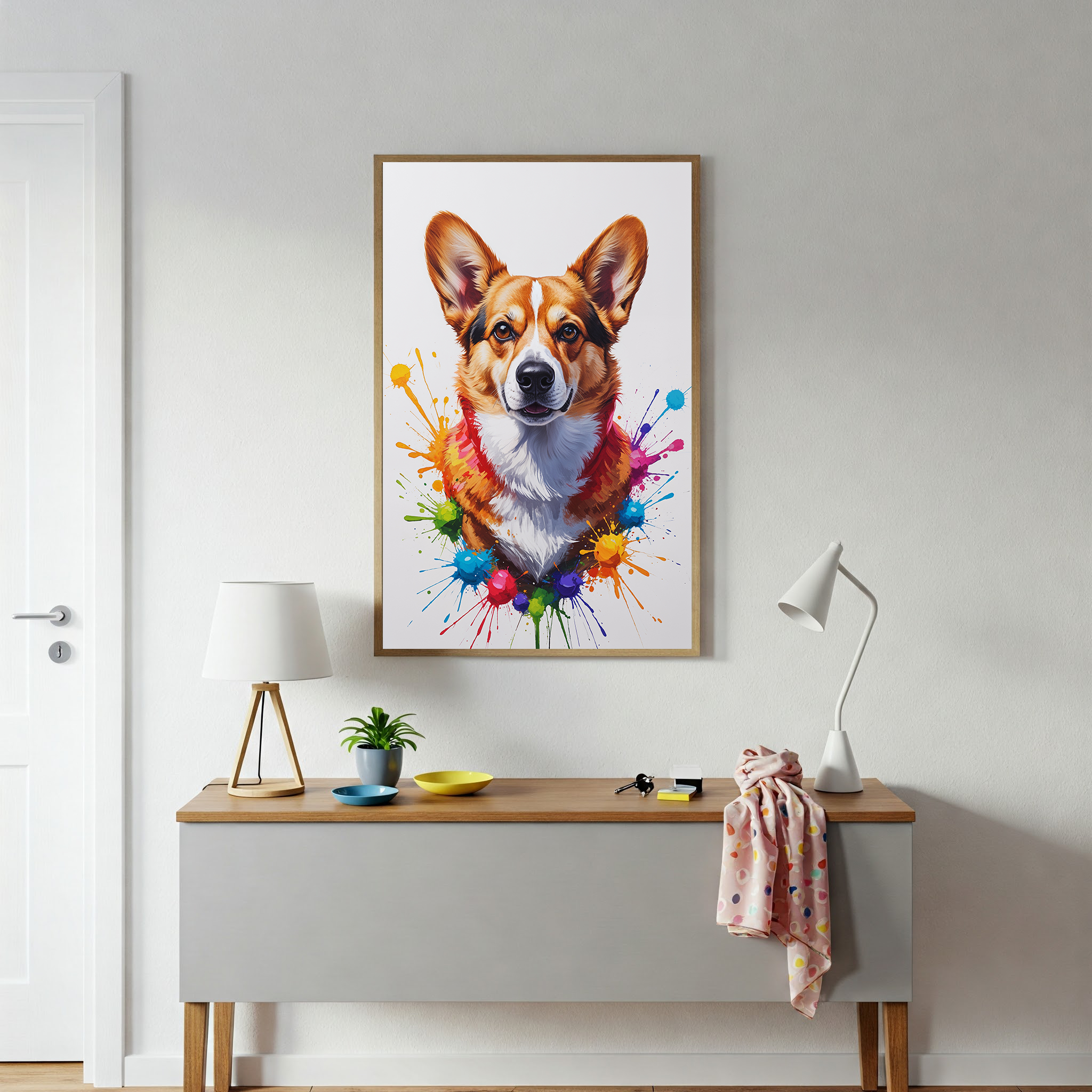 Colorful digital art of a Corgi dog by Reflectionare, featuring vibrant, abstract colors and playful design.