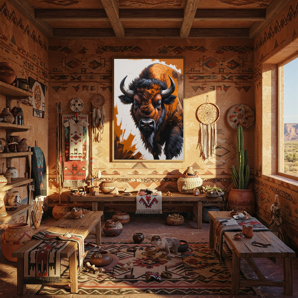 Abstract Buffalo digital art print by Reflectionare featuring modern wildlife wall decor with vibrant colors and bold brushstrokes.