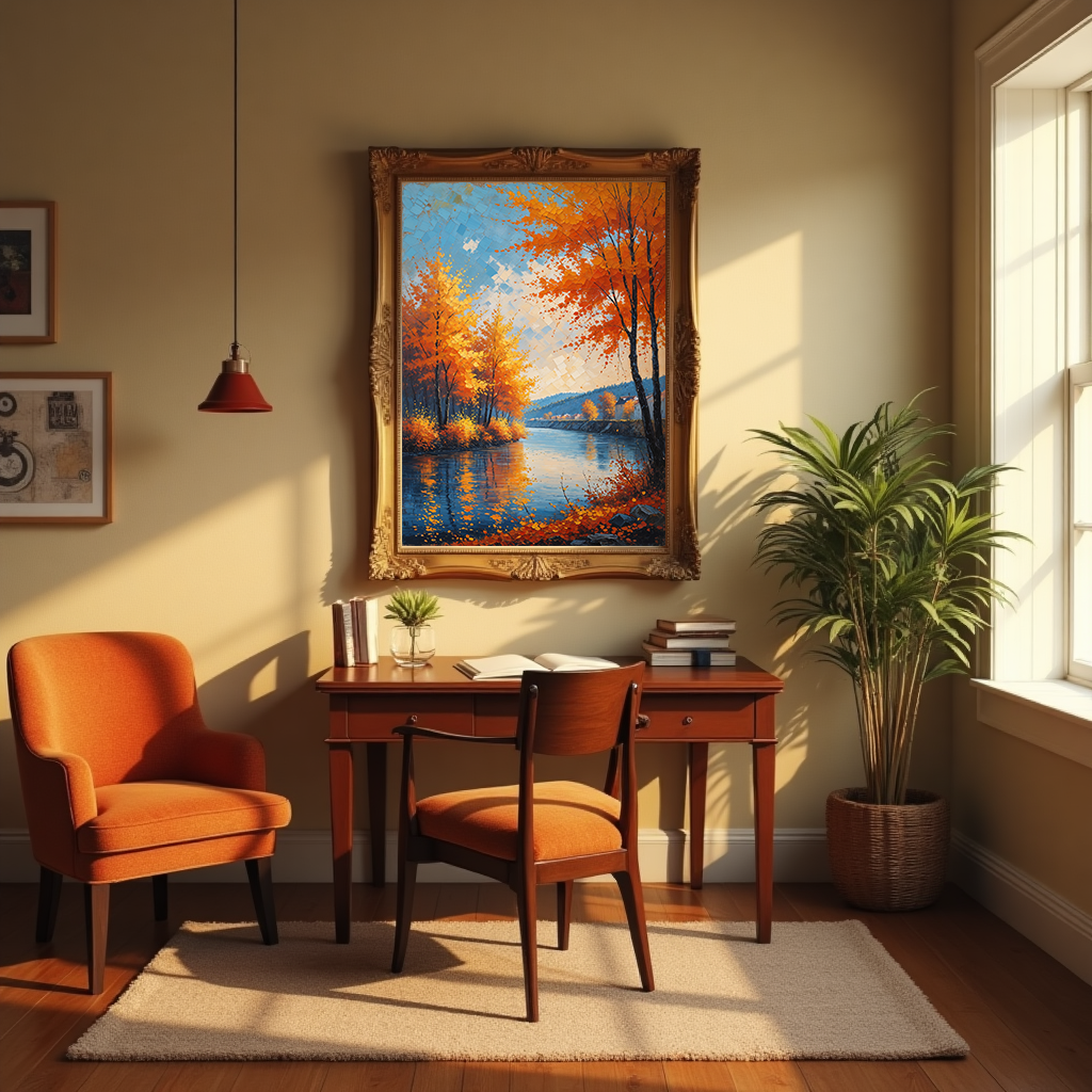 Vintage autumn river landscape digital art print by Reflectionare, featuring warm colors and retro scenery for wall decor.