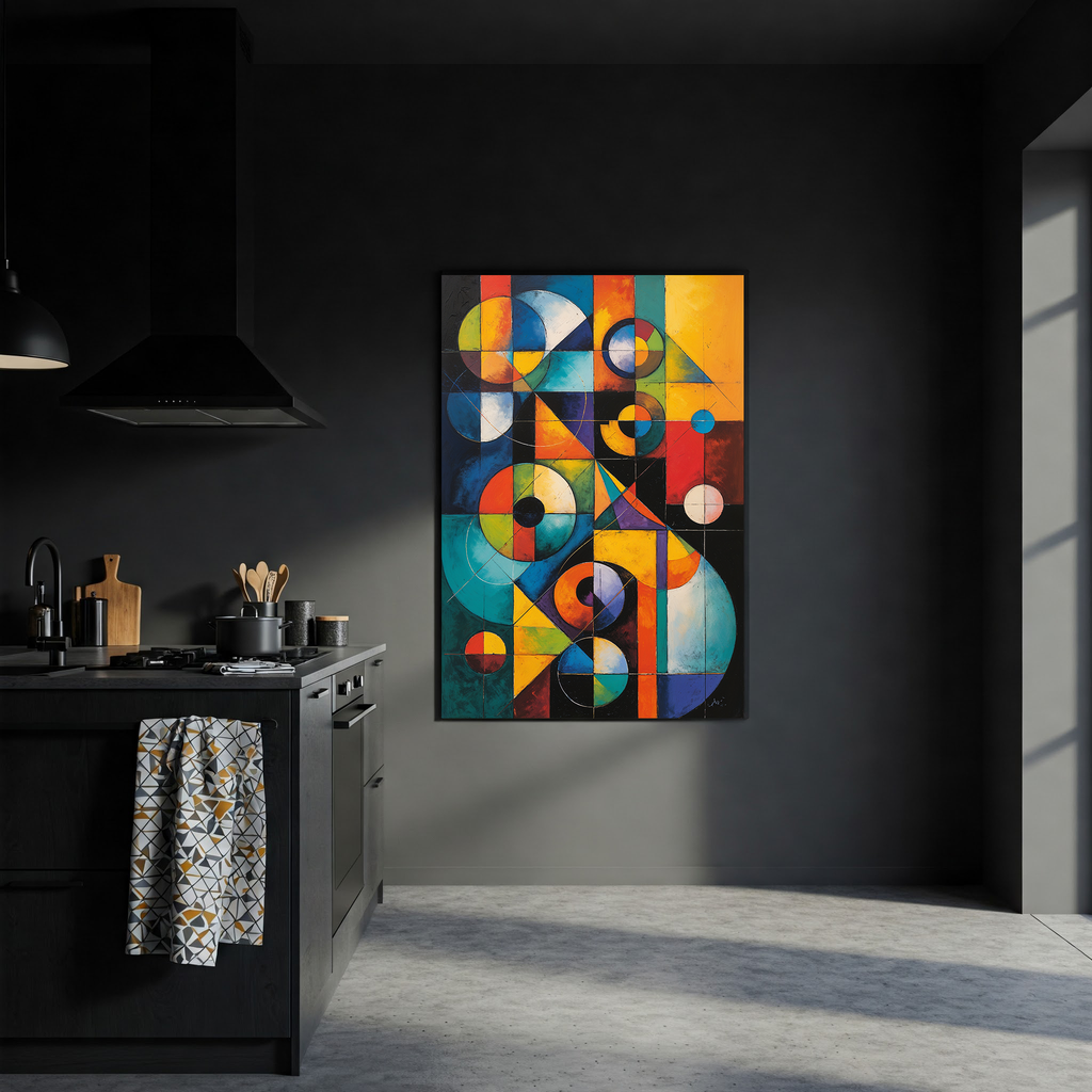 Modern Bauhaus abstract wall art featuring geometric shapes and bold colors in digital oil painting print by Reflectionare.
