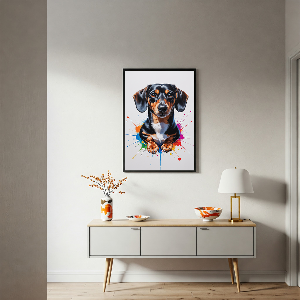 Colorful digital art of a dachshund dog, vibrant and playful illustration by Reflectionare, featuring bright, lively colors and bold details.