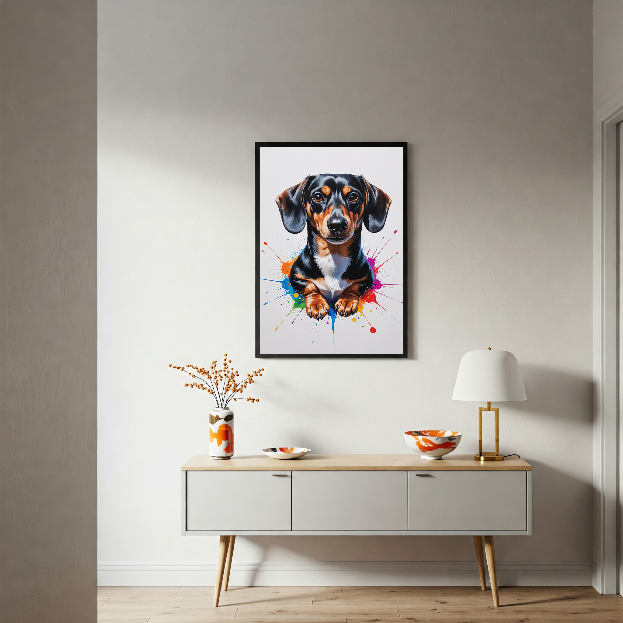 Colorful digital art of a dachshund dog, vibrant and playful illustration by Reflectionare, featuring bright, lively colors and bold details.