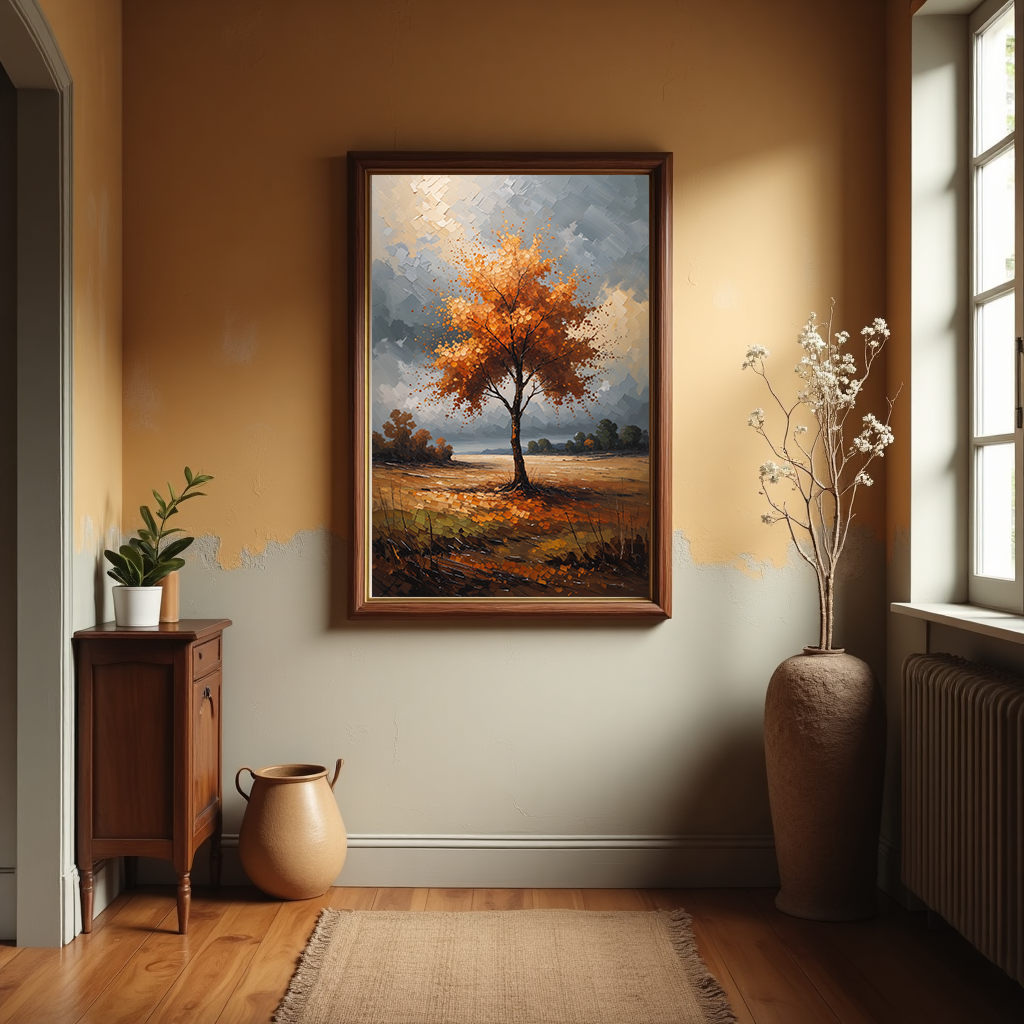 Vintage golden tree scene digital print by Reflectionare, featuring impressionist autumn landscape with vibrant fall foliage and trees.