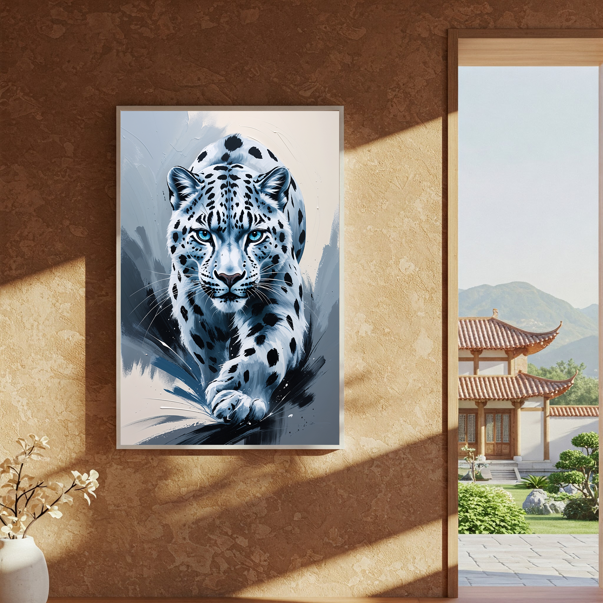 Abstract snow leopard digital art print by Reflectionare featuring modern wildlife wall decor with vibrant colors and sleek design.