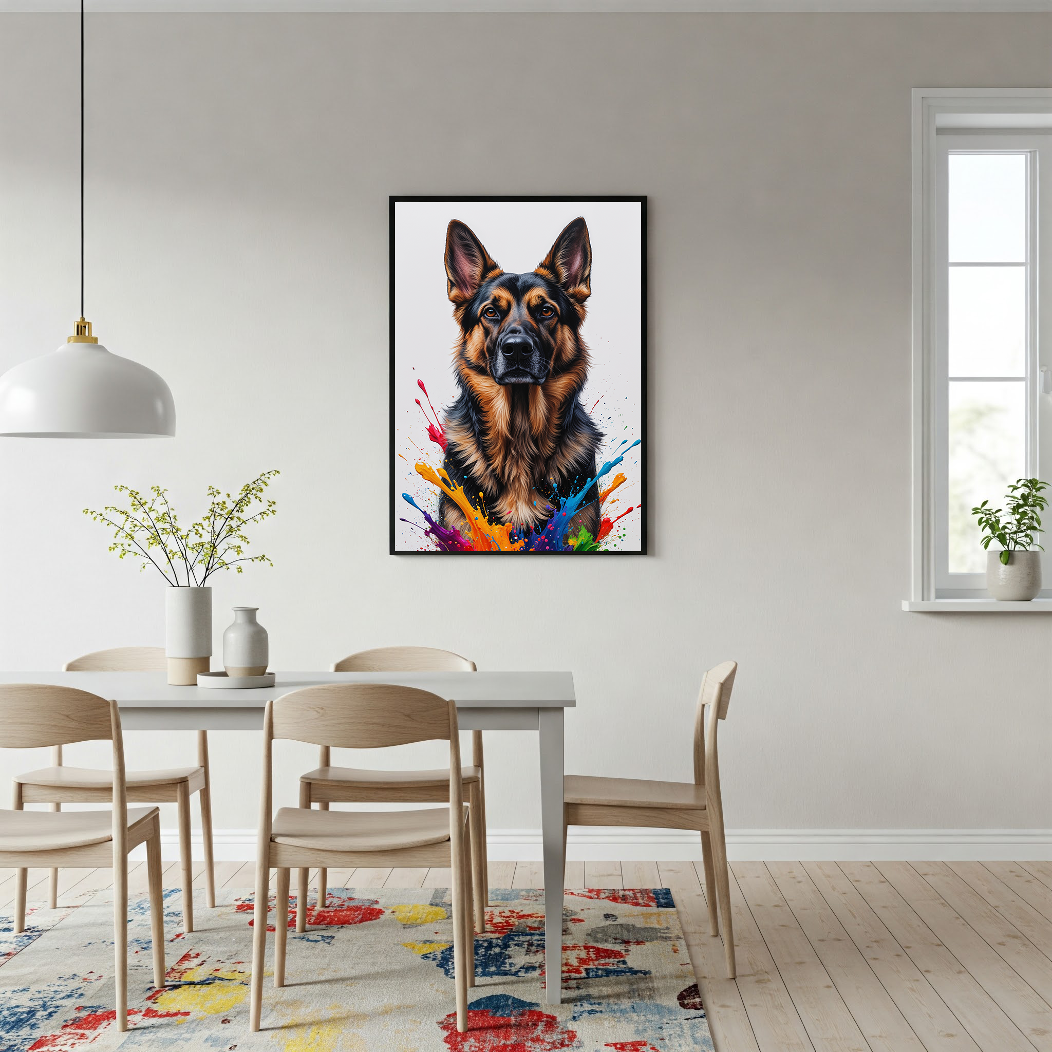Colorful German Shepherd digital art by Reflectionare, vibrant abstract dog illustration with bright, swirling colors.