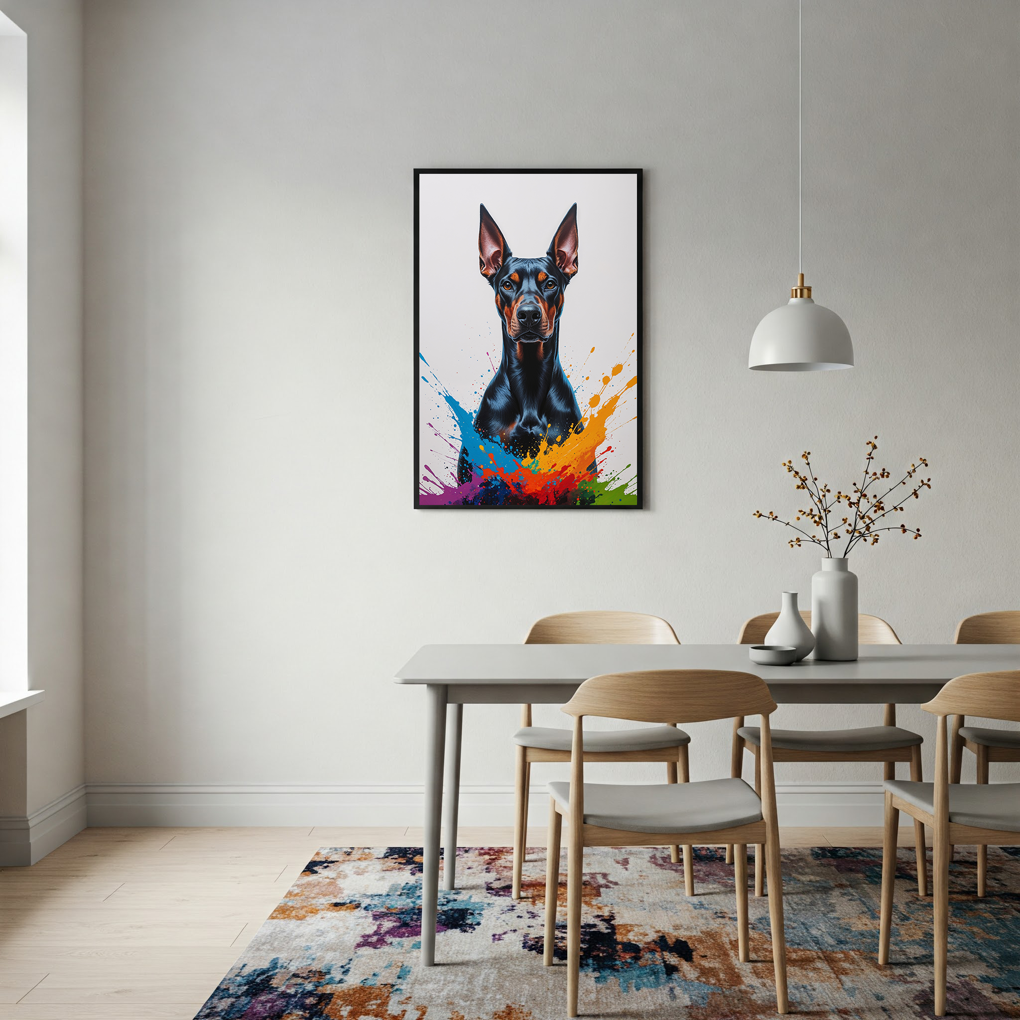 Colorful Doberman digital art by Reflectionare, featuring vibrant, abstract dog illustration with bright, bold colors on a white background.