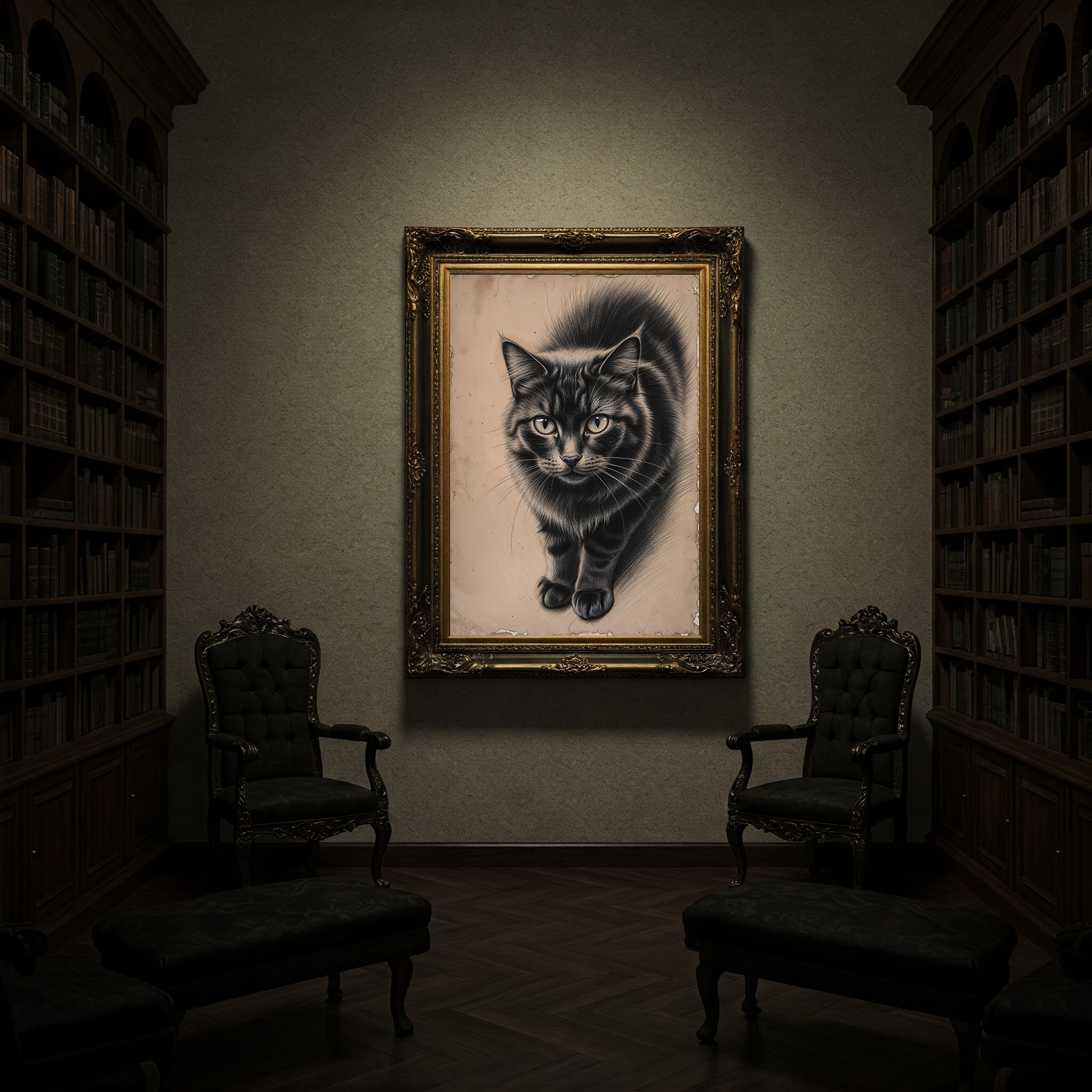 Vintage cat portrait digital art print by Reflectionare, featuring a retro animal wall decor illustration of a cat.