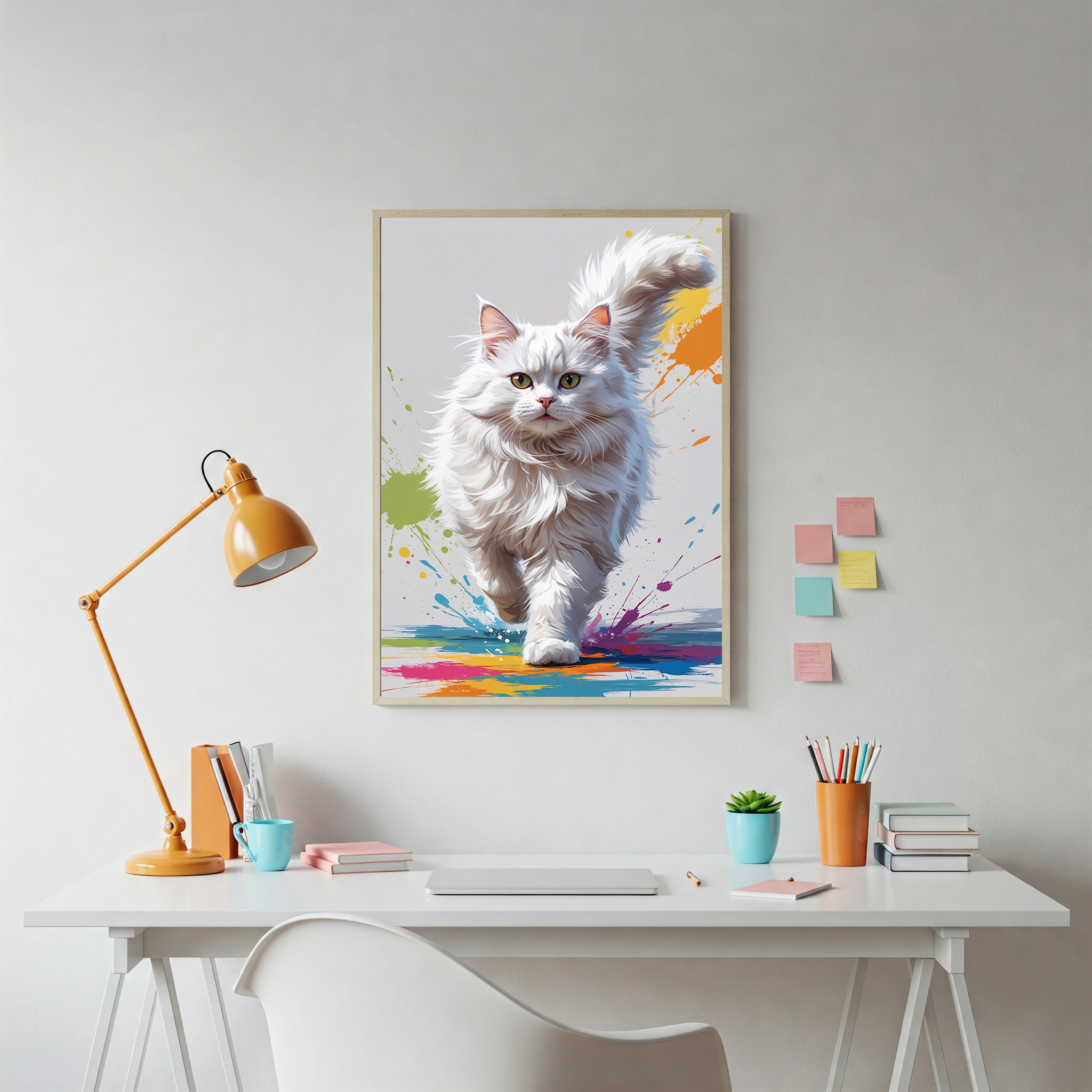 Fluffy White Cat Colorful Splash Art Print