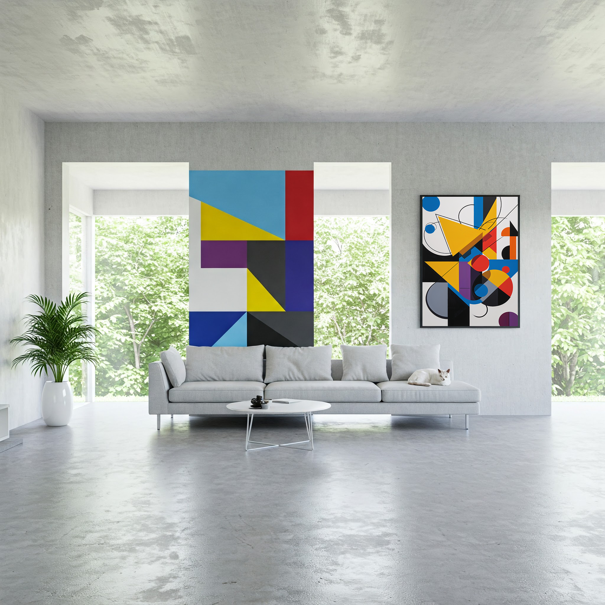 Modern Bauhaus inspired digital abstract construct geometric art print by Reflectionare, featuring bold shapes and vibrant colors for wall decor.