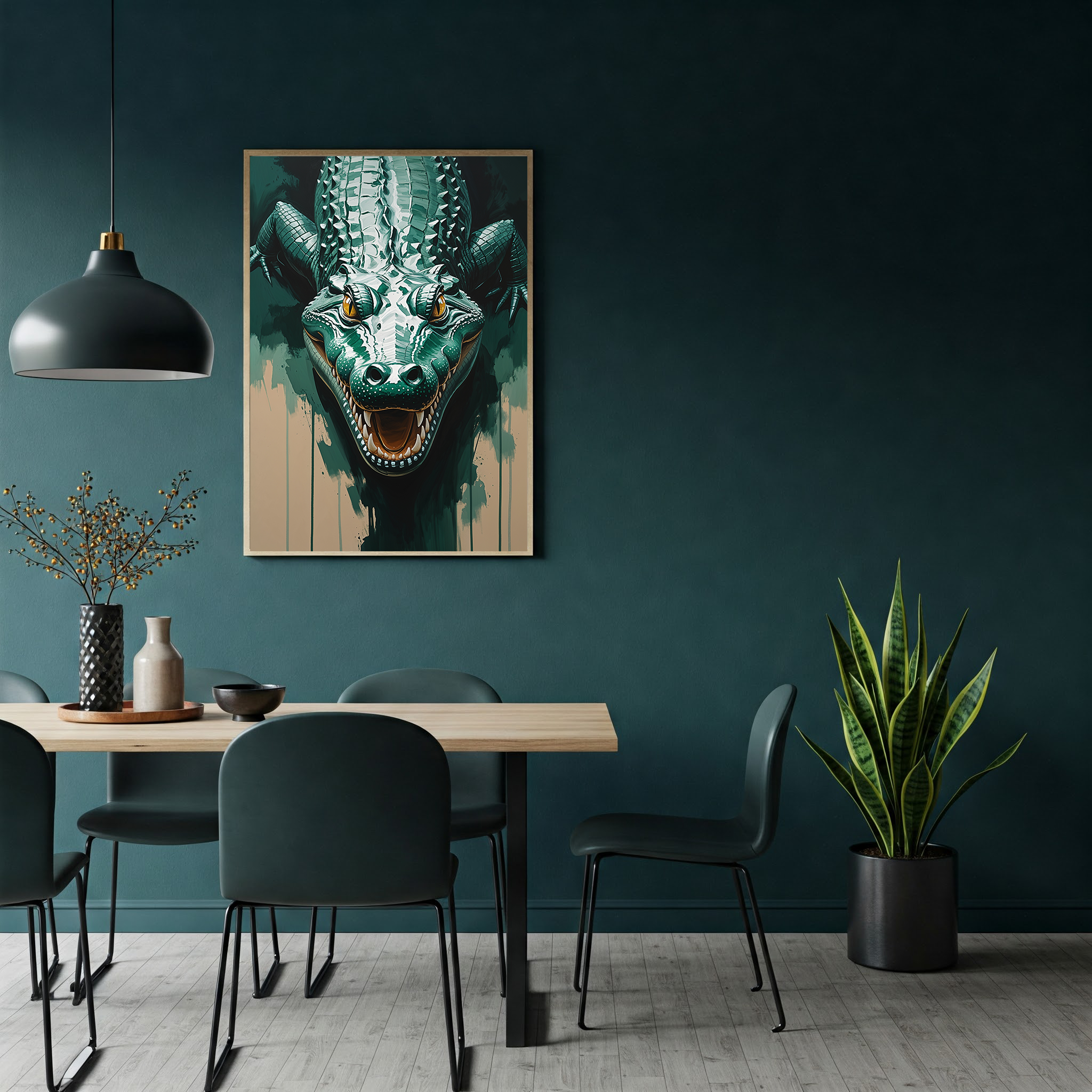Abstract alligator digital art print by Reflectionare, modern reptile wall decor featuring vibrant colors and sleek design.