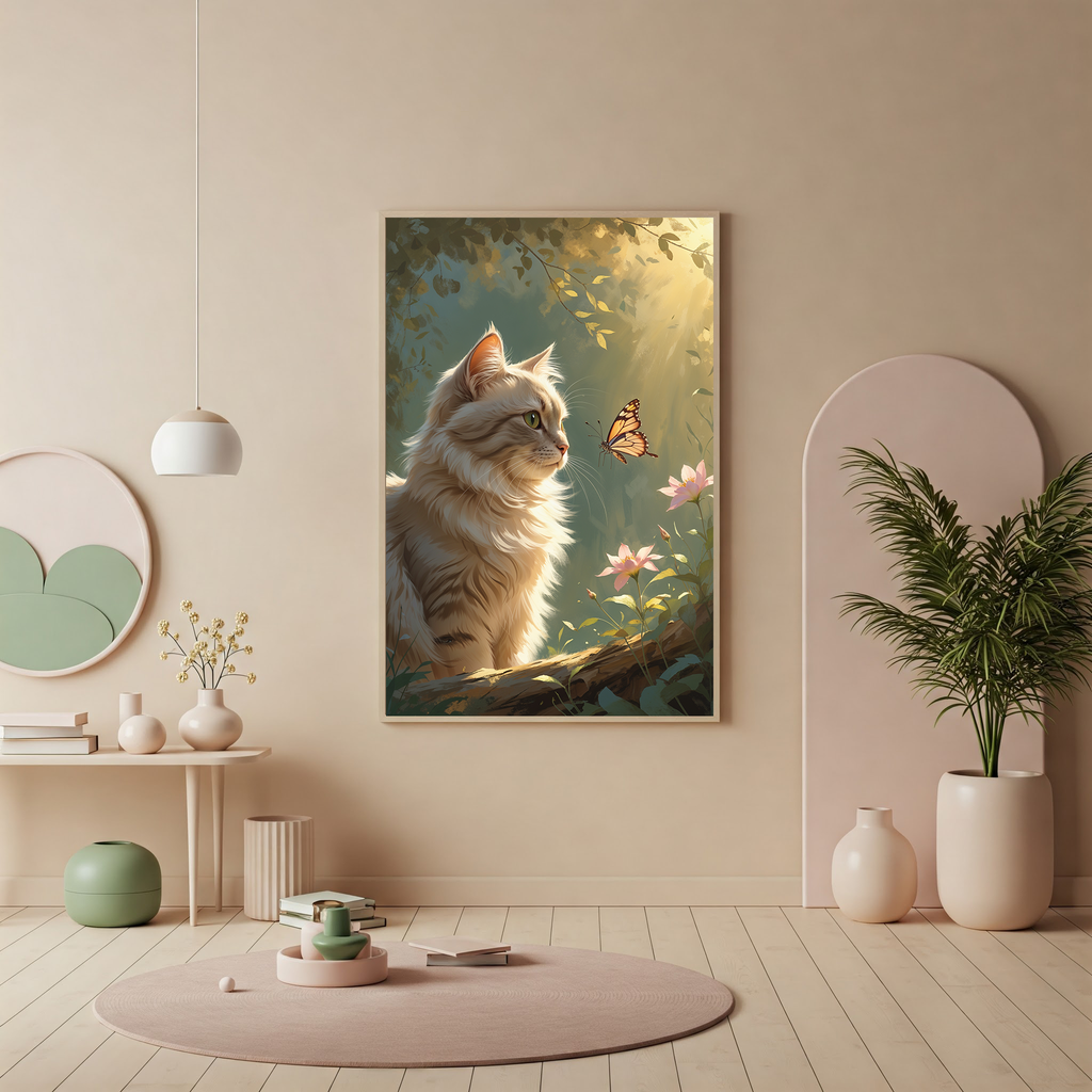 Digital art of a cat and butterfly by Reflectionare, featuring a colorful, whimsical design with vibrant details and intricate patterns.