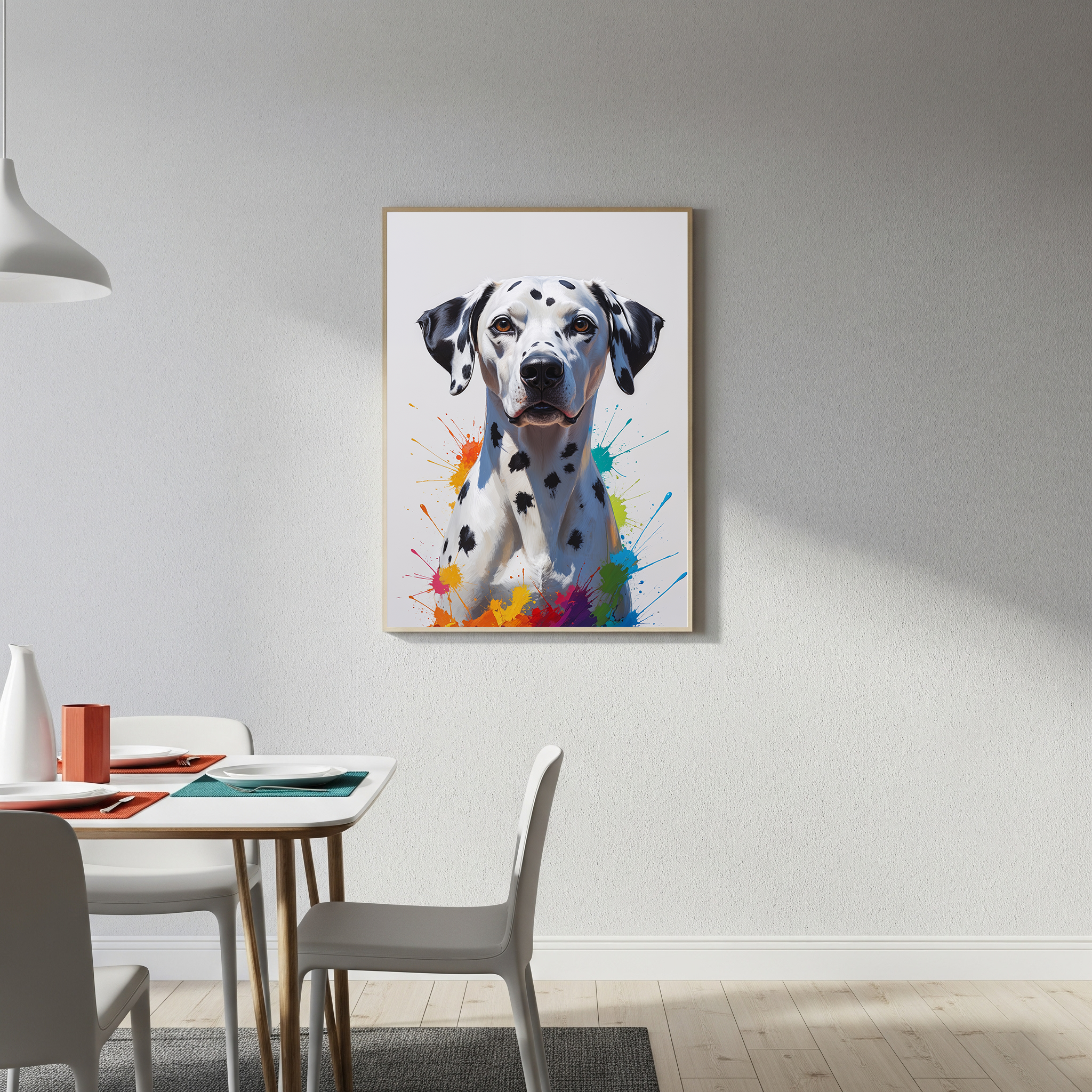 Colorful Dalmatian digital art by Reflectionare featuring a vibrant, playful dog with multicolored spots on a white background.