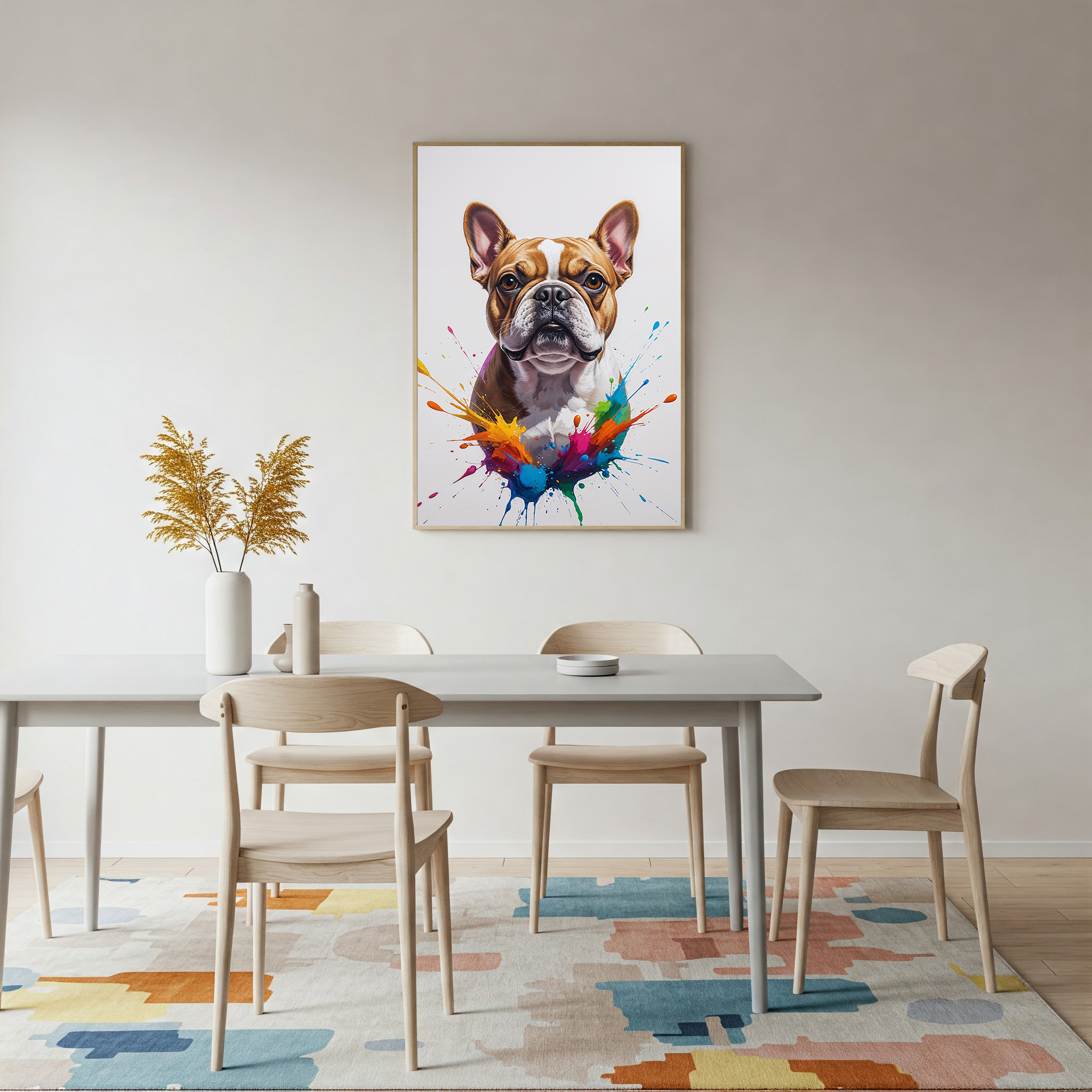 Colorful French Bulldog digital art by Reflectionare, vibrant and whimsical illustration of a playful French Bulldog in bright colors.